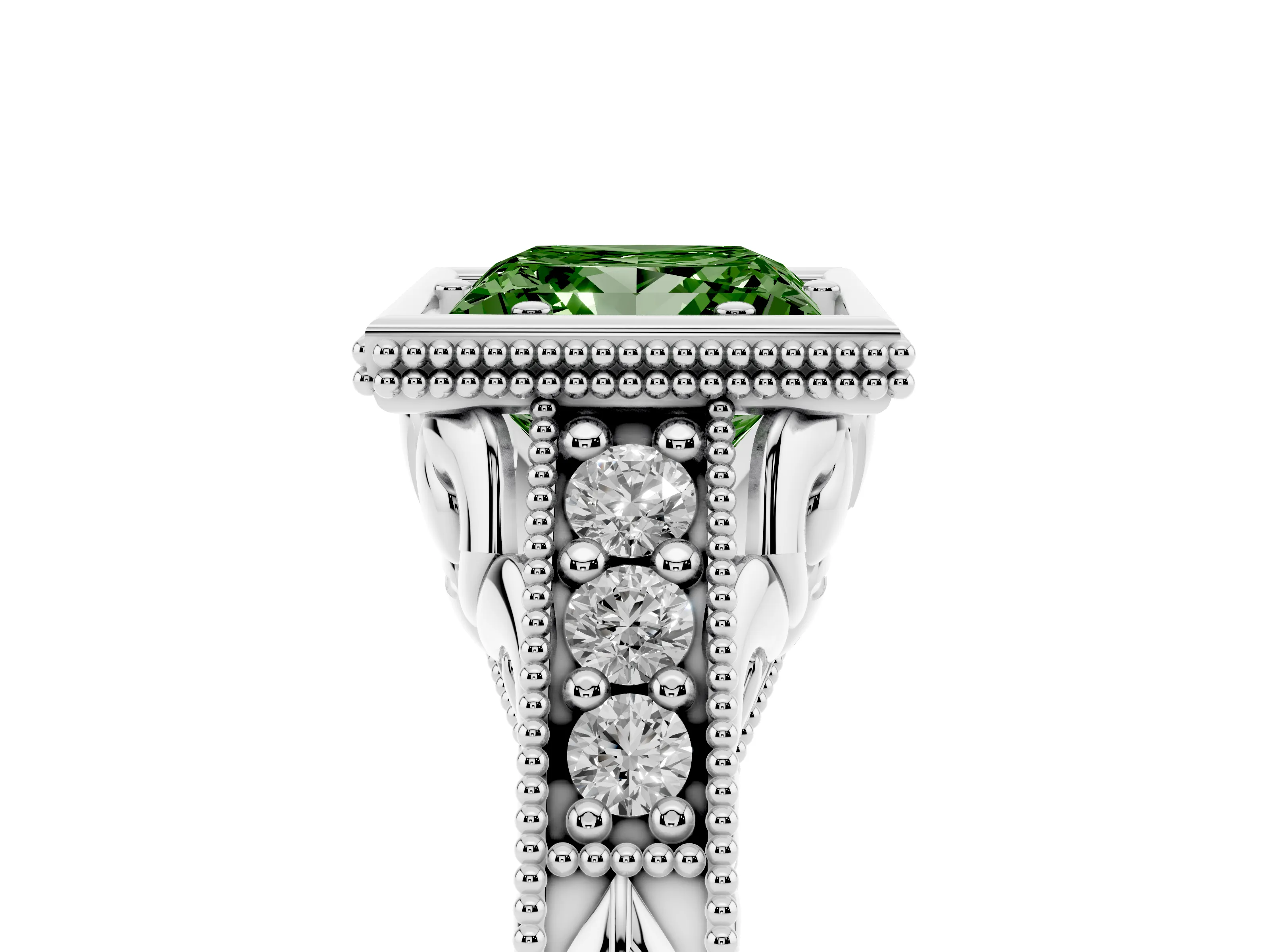 Fancy Green Bezel Set Princess Cut Diamond Milgrain Pavé Engagement Ring Set in Silver