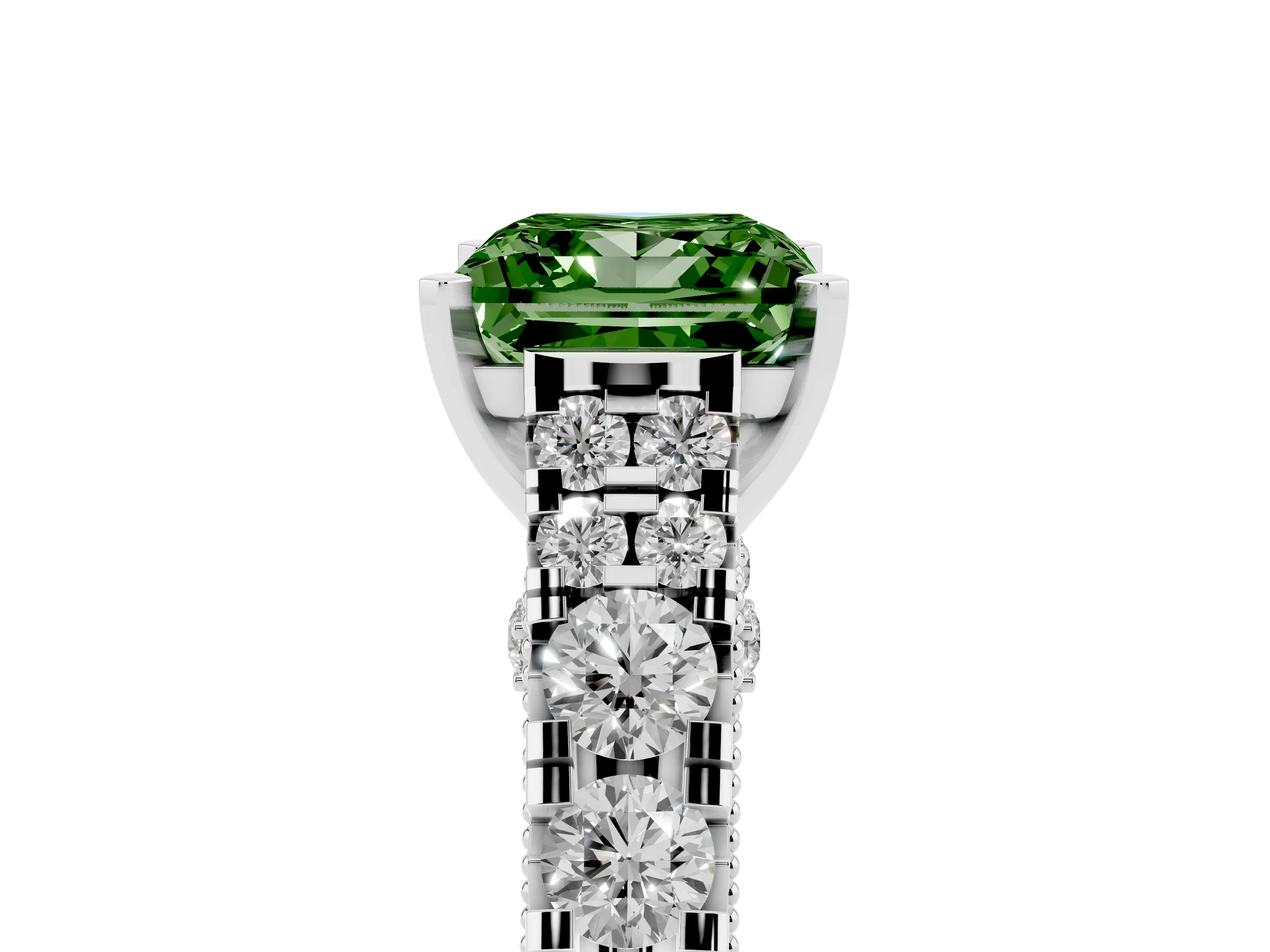 Fancy Green Princess Cut Diamond Classic Solitaire Ring Set in Silver with Pavé Band and Prong Setting