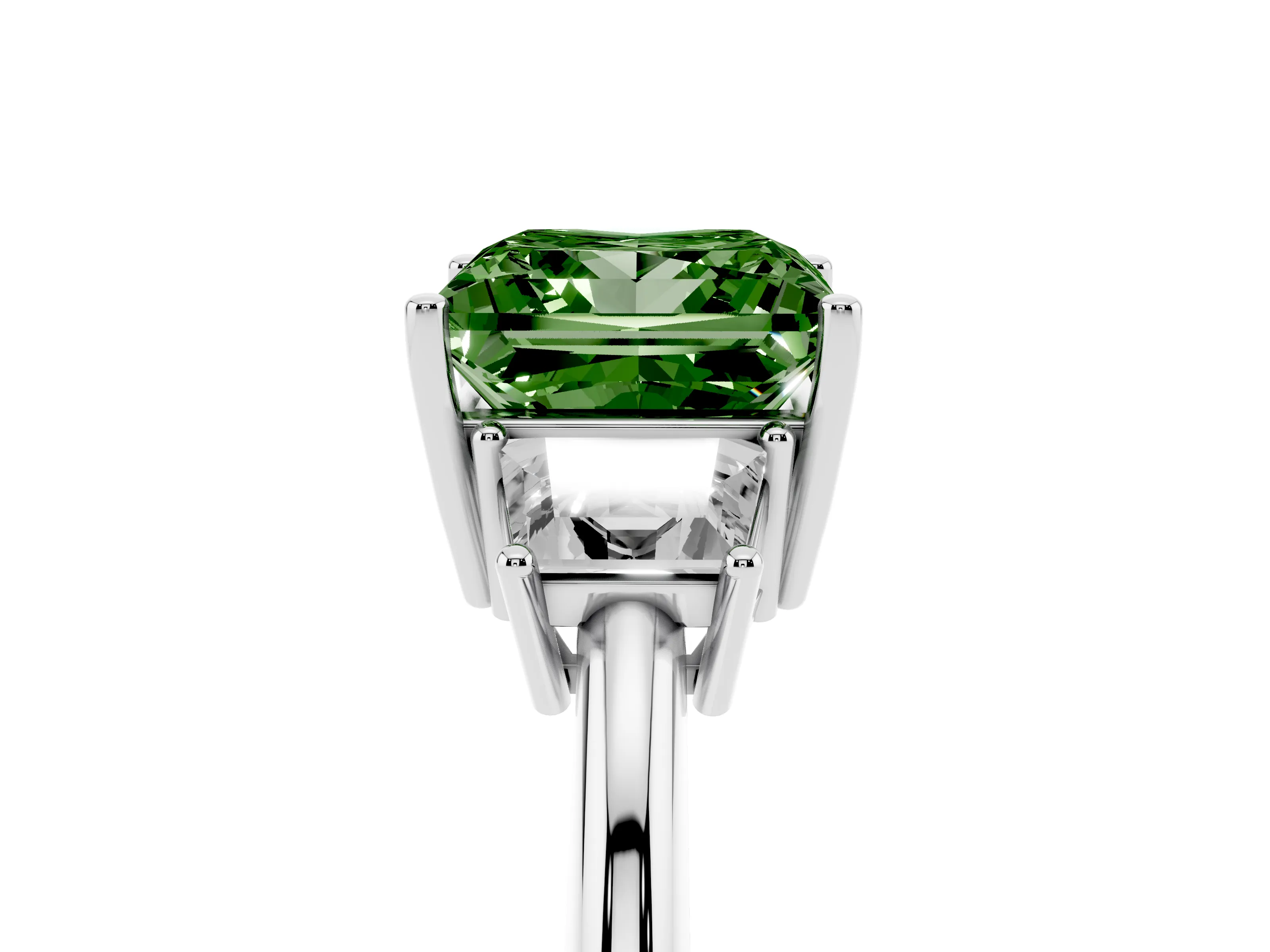 Fancy Green Princess Cut Diamond Three-Stone Ring Set in Silver with Trapezoid Side Stones and Prong Setting
