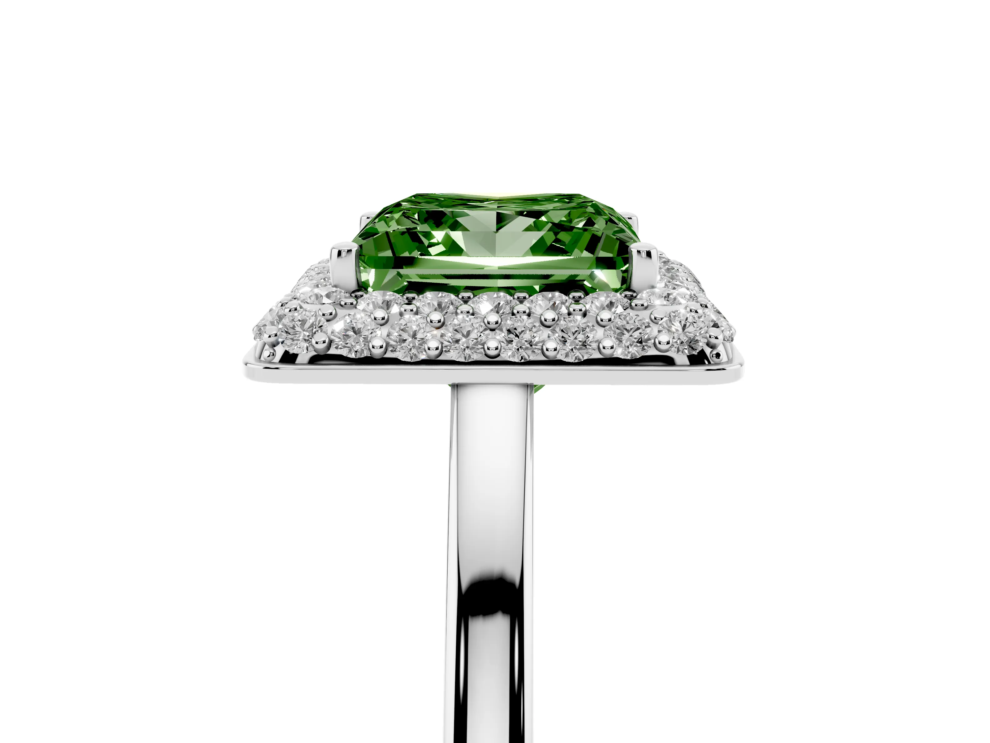 Fancy Green Princess Cut Diamond Halo Engagement Ring Set in White gold with Solitaire Band and Prong Setting