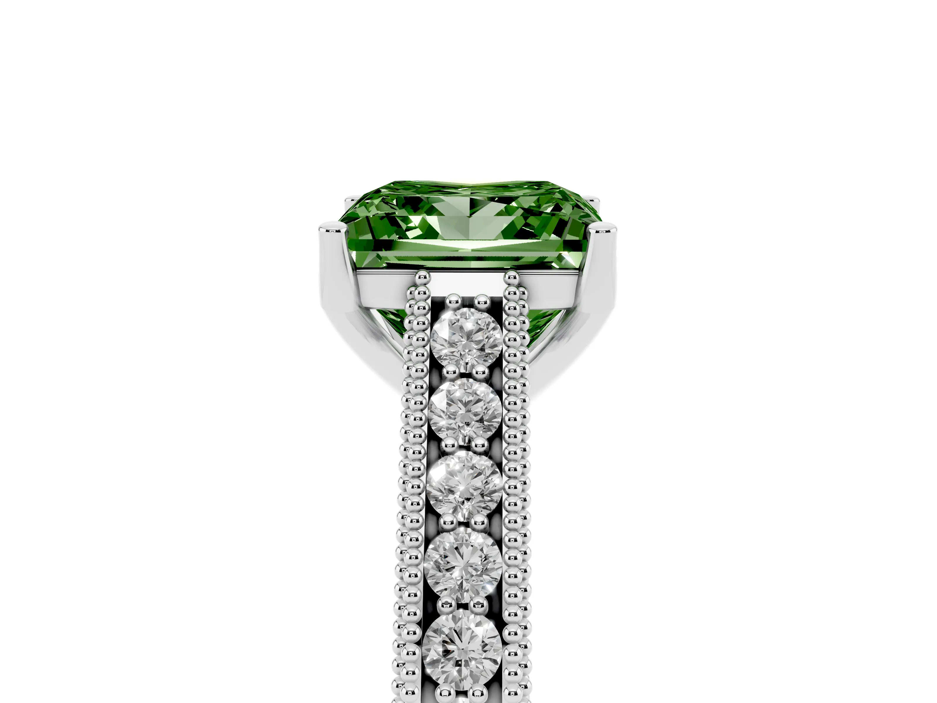 Fancy Green Princess Cut Diamond Milgrain Pavé Band Solitaire Ring Set in Platinum with Prong Setting