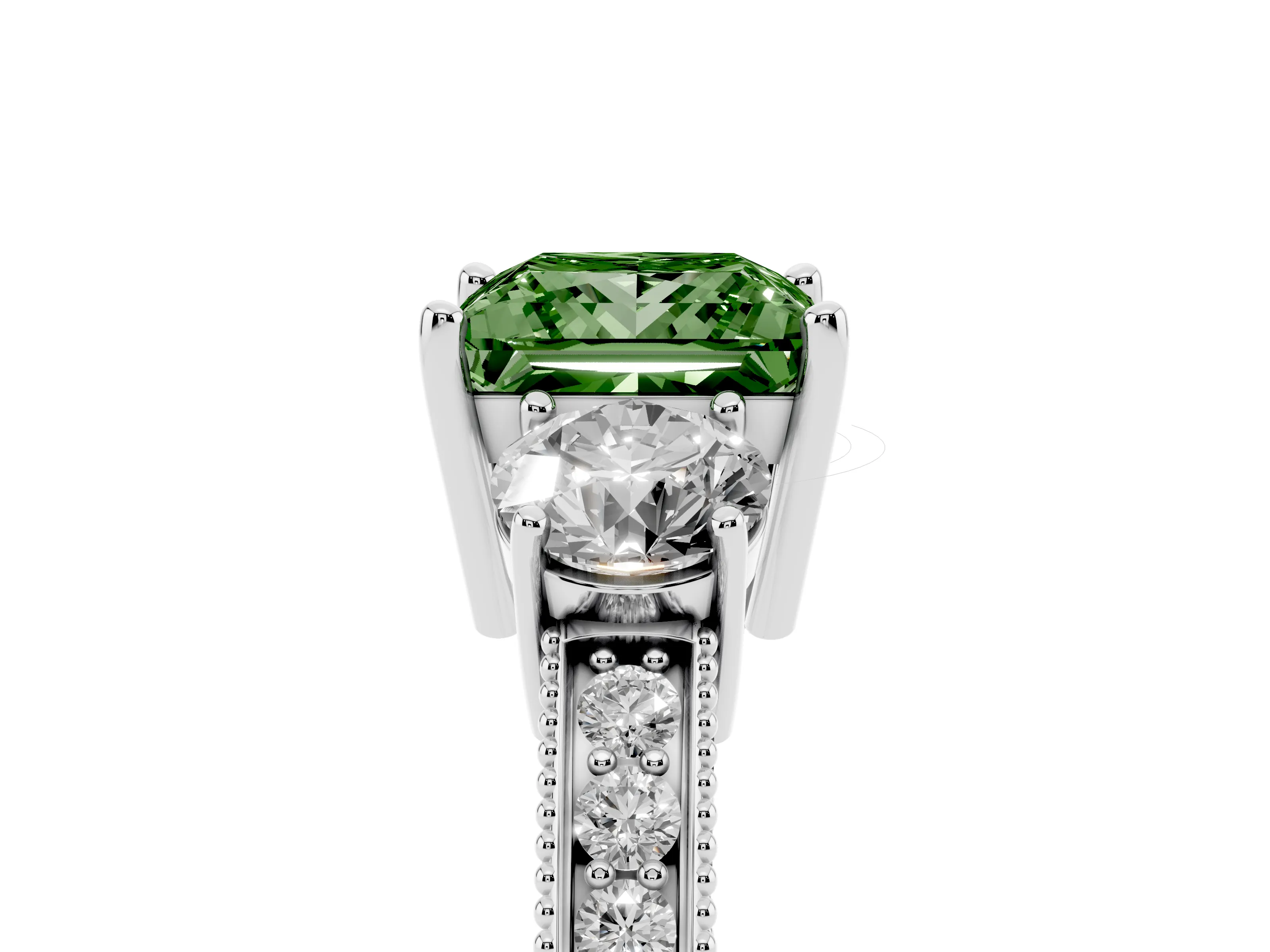 Fancy Green Princess Cut Diamond Three-Stone Ring Set in Platinum with Round Side Stones and Pavé Band