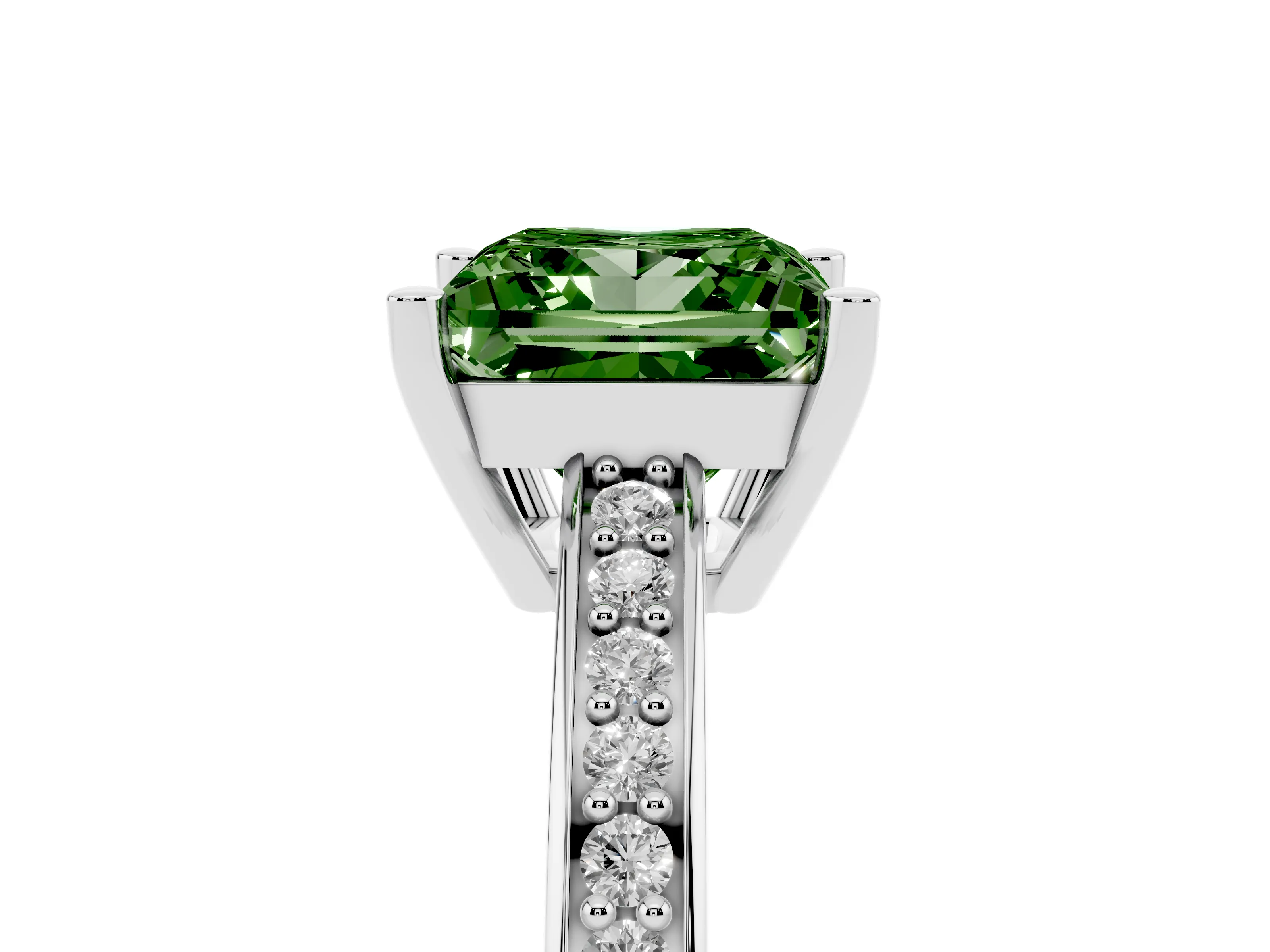 Fancy Green Princess Cut Diamond Pavé Band Prong Set Solitaire Ring Set in Silver