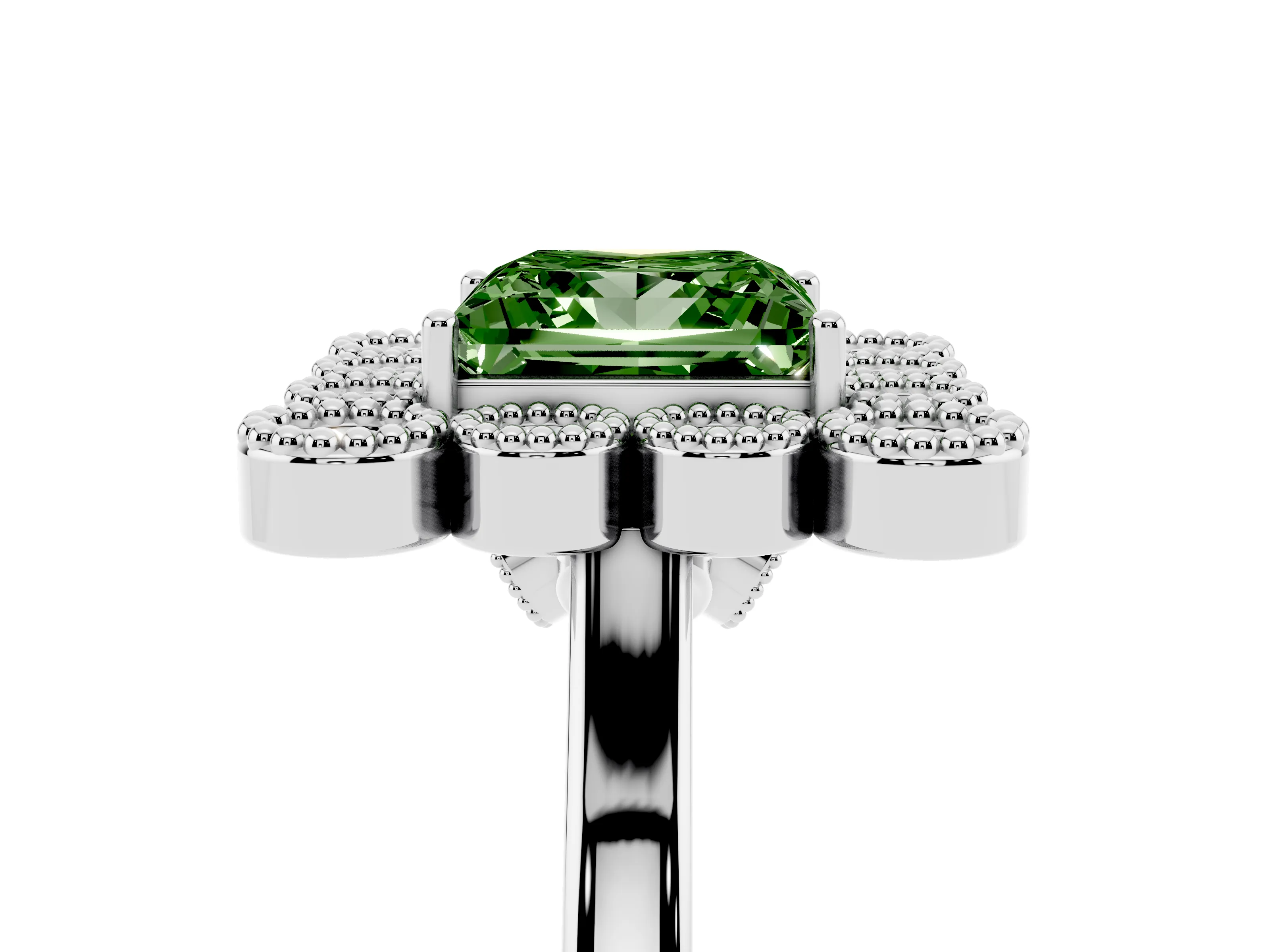 Fancy Green Princess Cut Diamond Cluster Halo Ring Set in White gold with Milgrain Bezel Accents and Plain Band