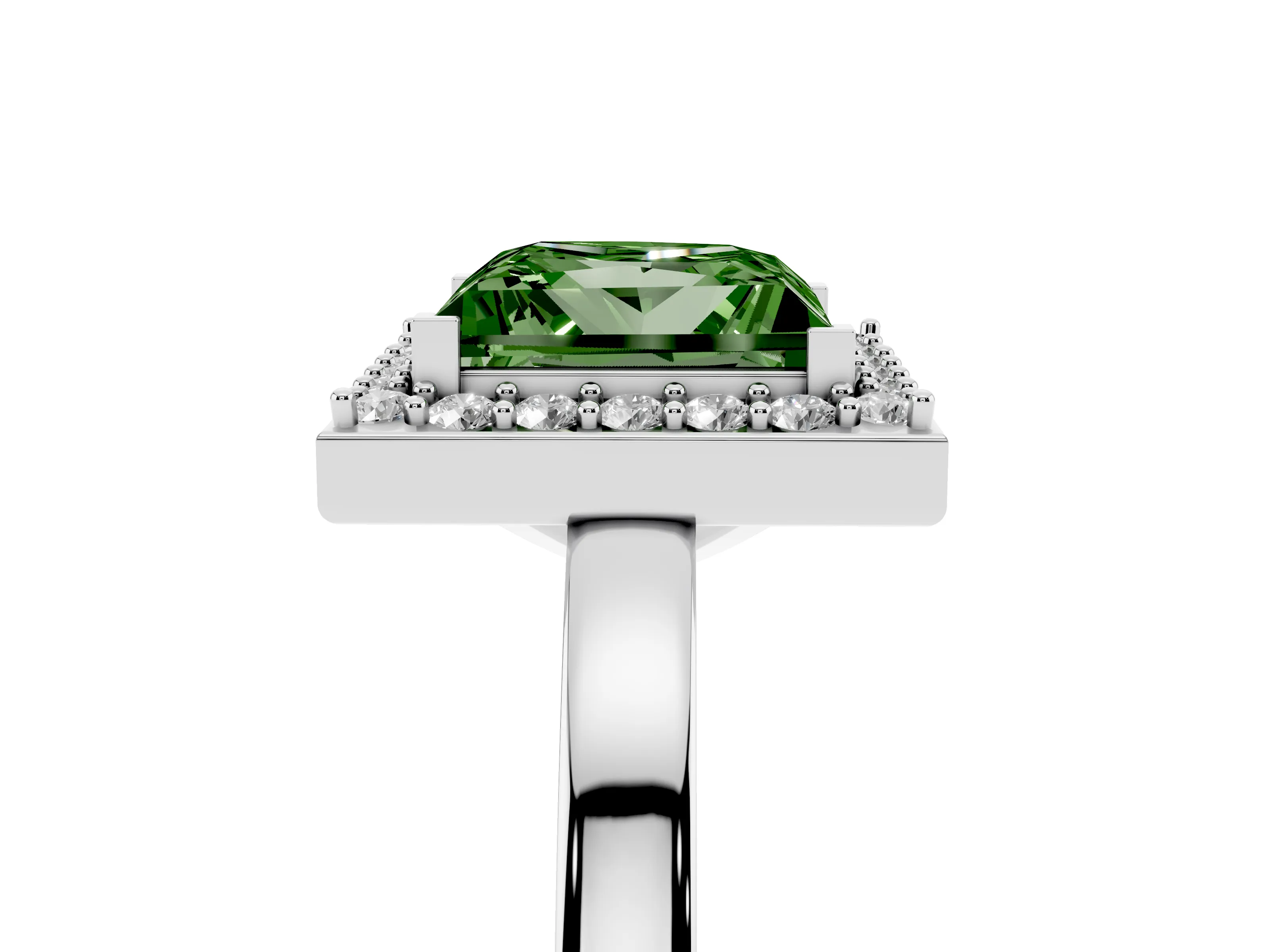Fancy Green Princess Cut Diamond Halo Ring Set in Silver with Solitaire Band and Prong Setting