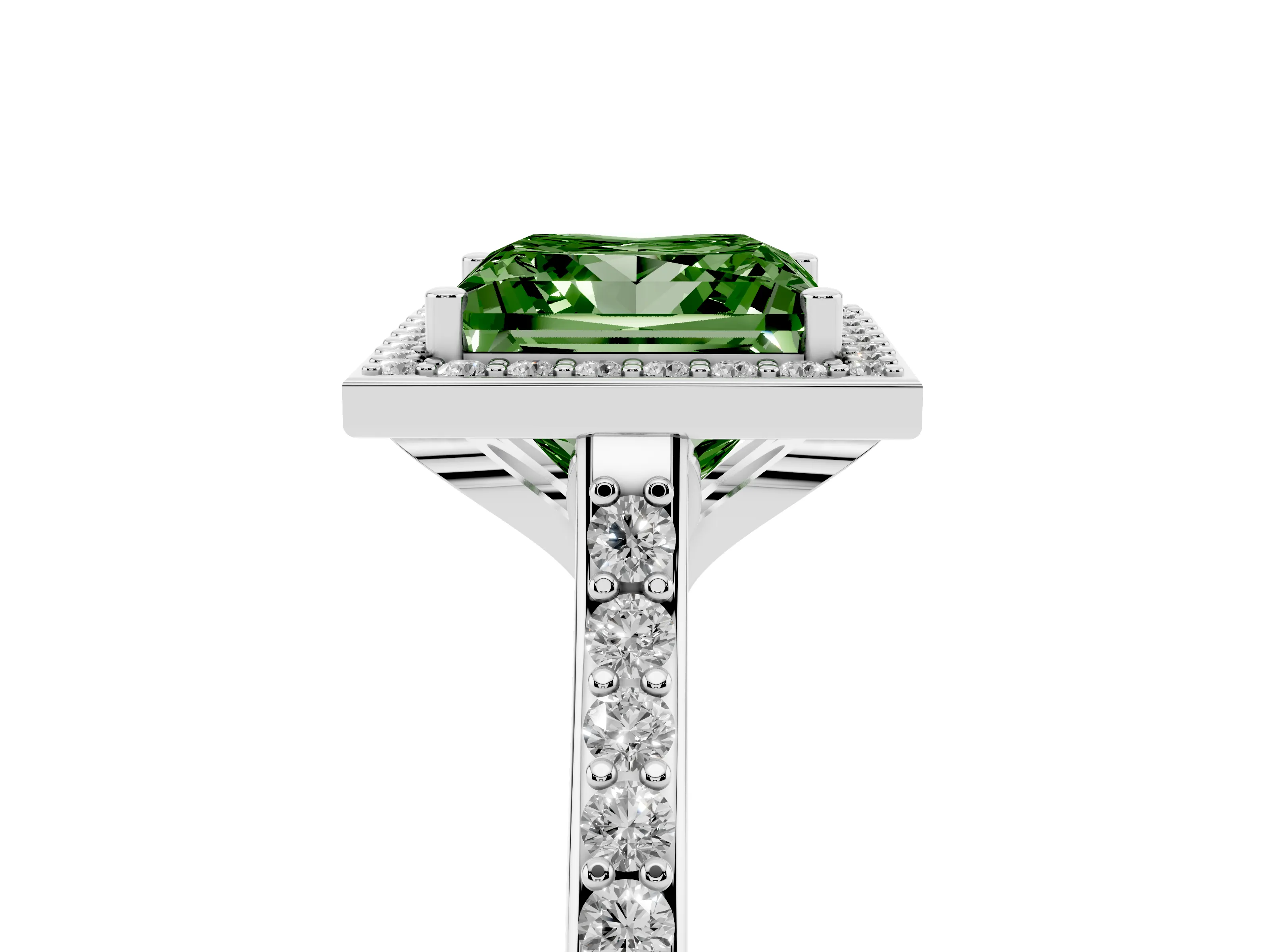 Fancy Green Princess Cut Diamond Halo Engagement Ring Set in Silver with Round Pavé Shoulders and Heart Gallery