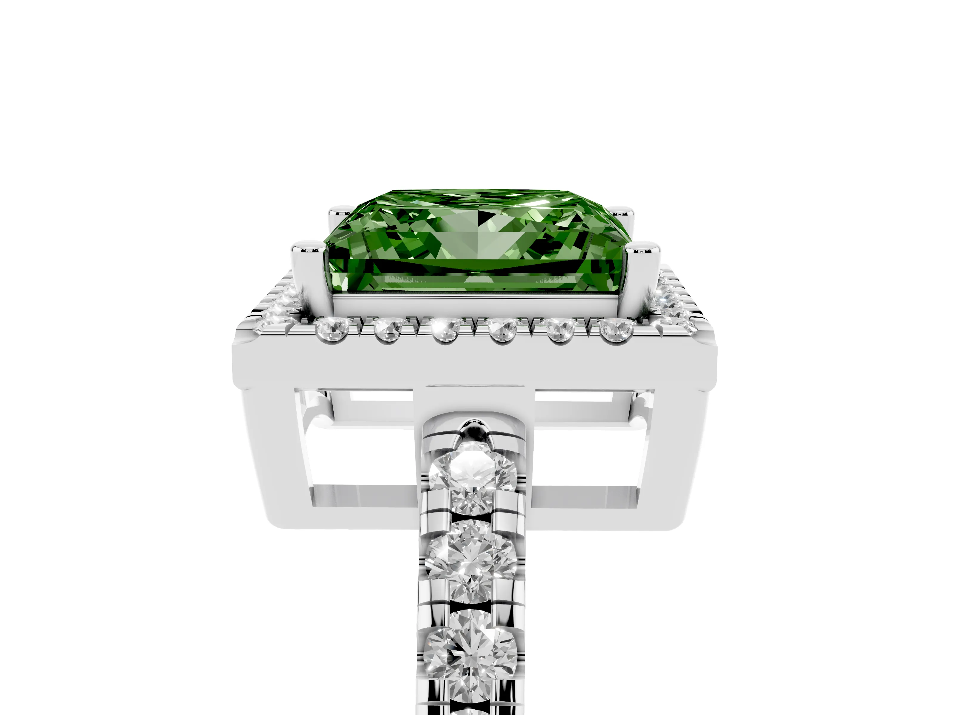 Fancy Green Princess Cut Diamond Halo Ring Set in Silver with Delicate Pavé Band and Prong Setting