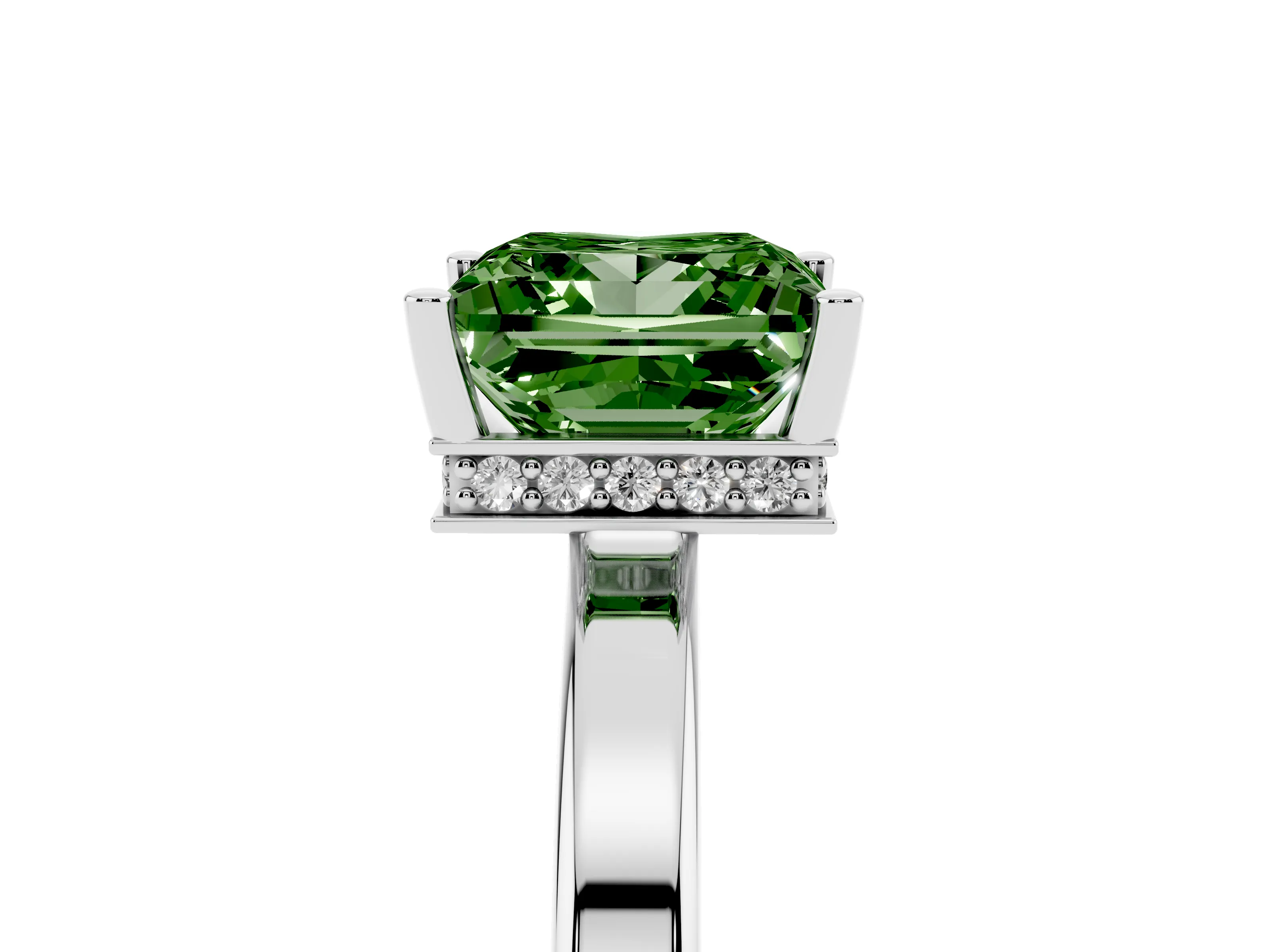 Fancy Green Princess Cut Diamond Solitaire Engagement Ring Set in Silver with Prong Setting on a Plain Band