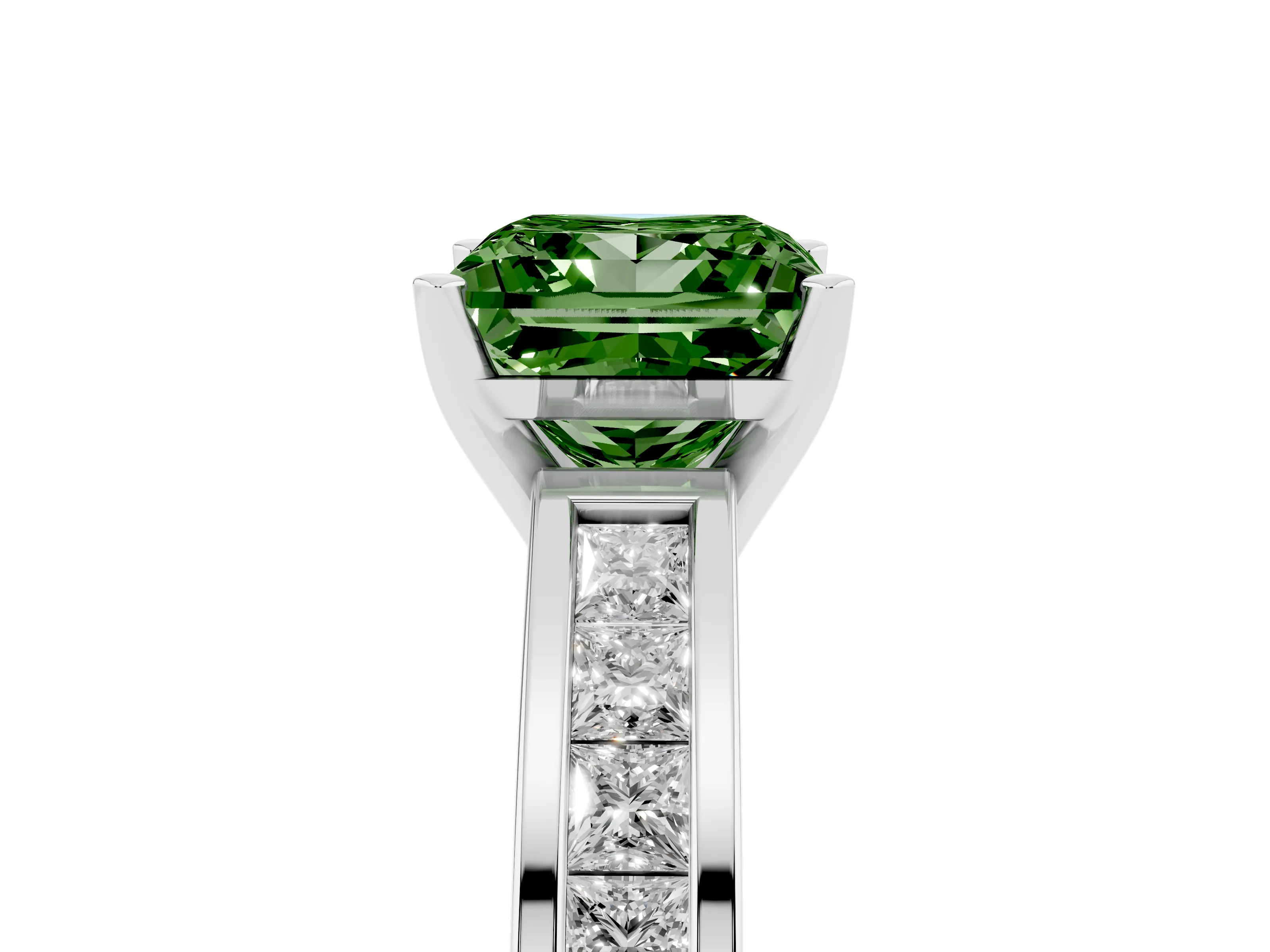 Fancy Green Princess Cut Diamond Solitaire Ring Set in Platinum with Channel-Set Band and Prong Setting