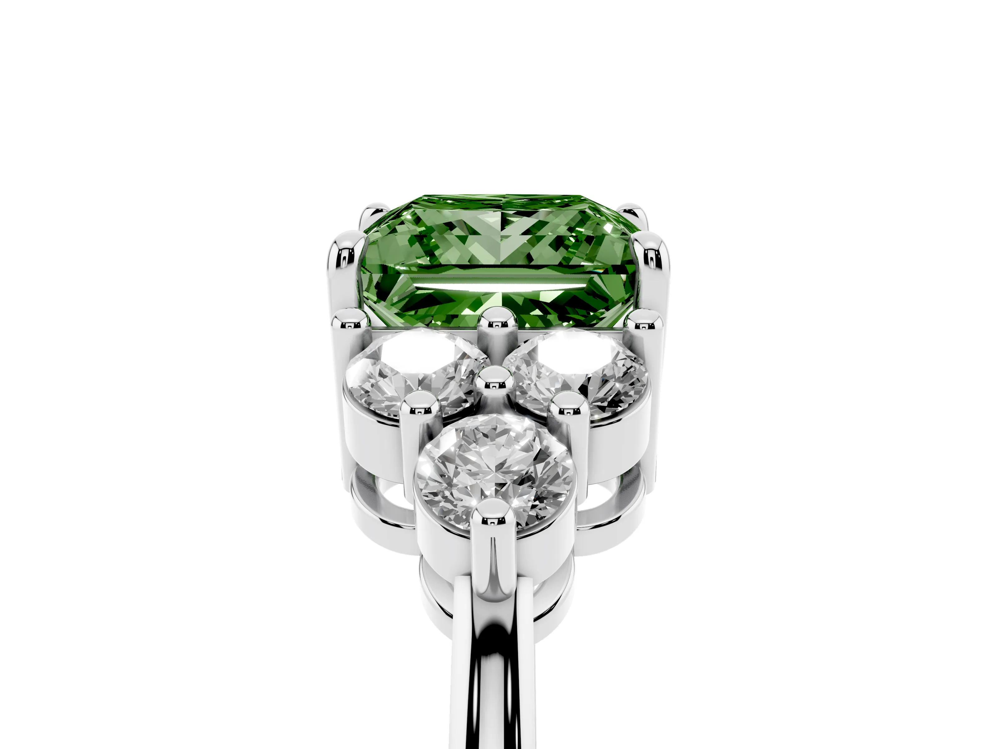 Fancy Green Princess Cut Diamond Solitaire Ring Set in Platinum with Cluster Accents on Each Side