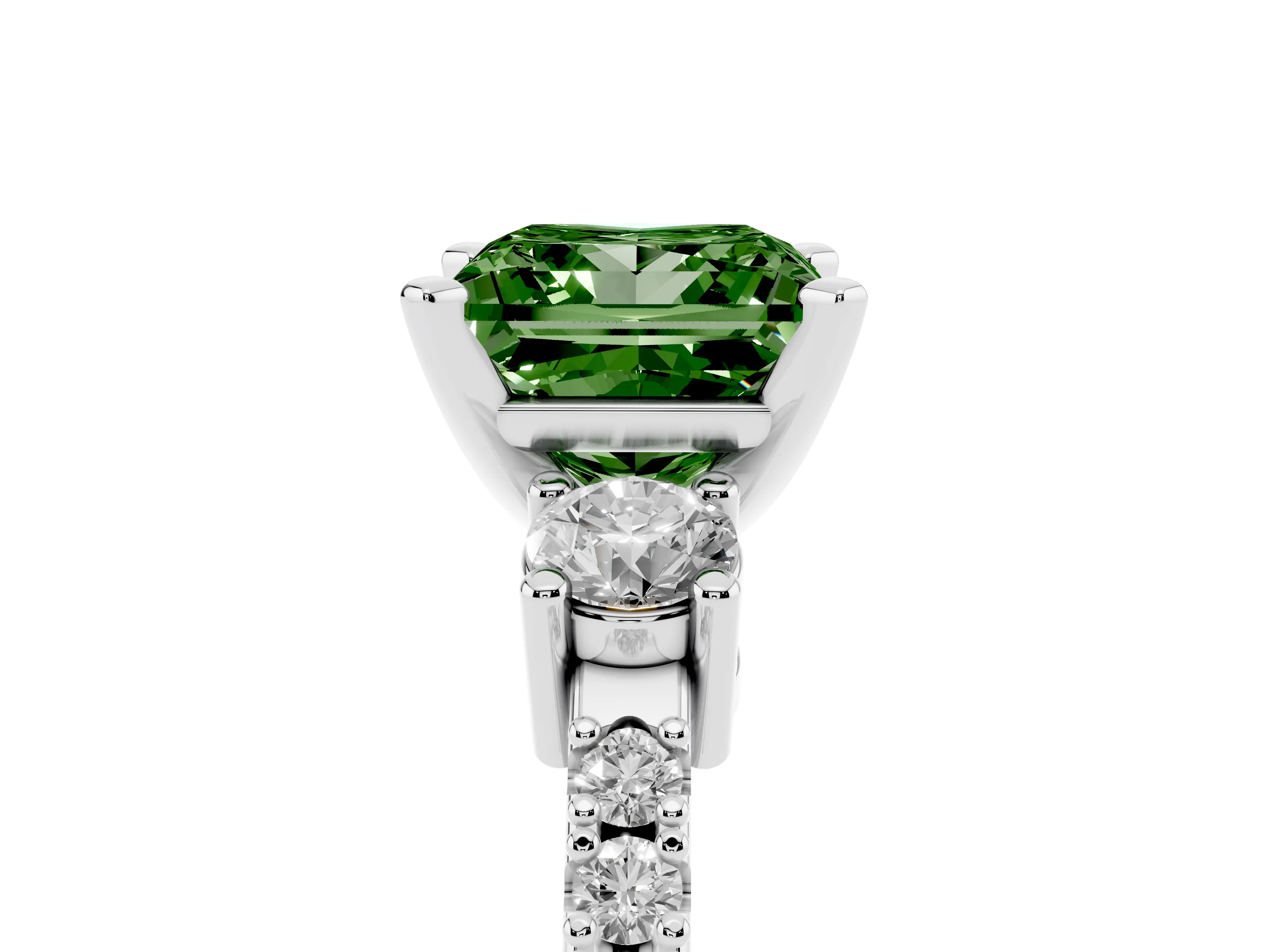 Fancy Green Three-Stone Princess Cut Diamond Pavé Band Ring Set in Silver with Prong Setting