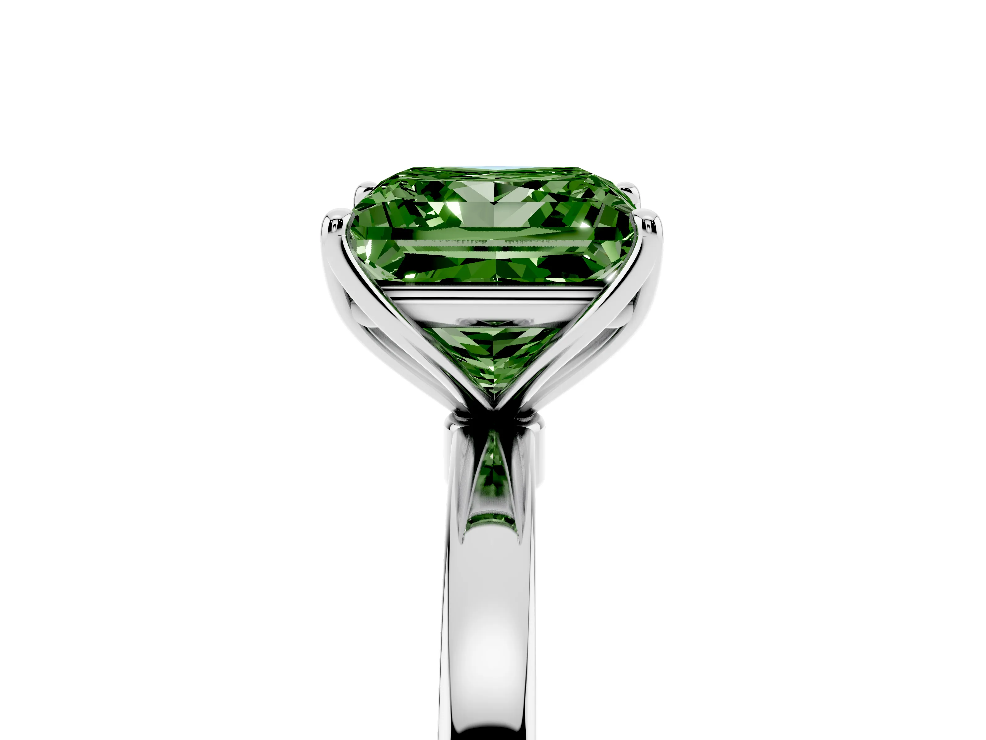 Fancy Green Princess Cut Diamond Solitaire Ring Set in White gold with Prong Setting and Thin Polished Band