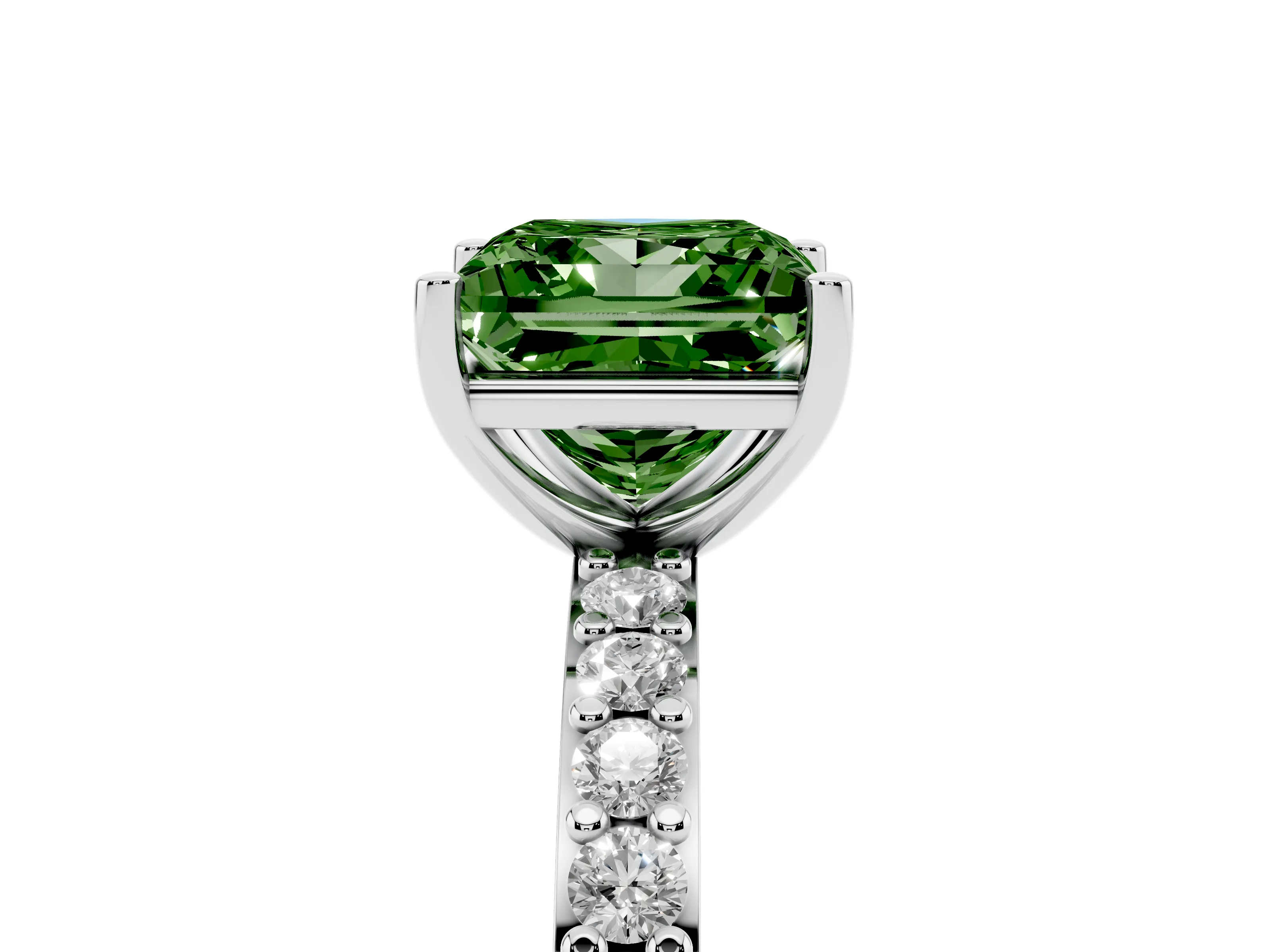 Fancy Green Princess Cut Diamond Solitaire Set in Platinum with Round Pavé Band and Prong Setting