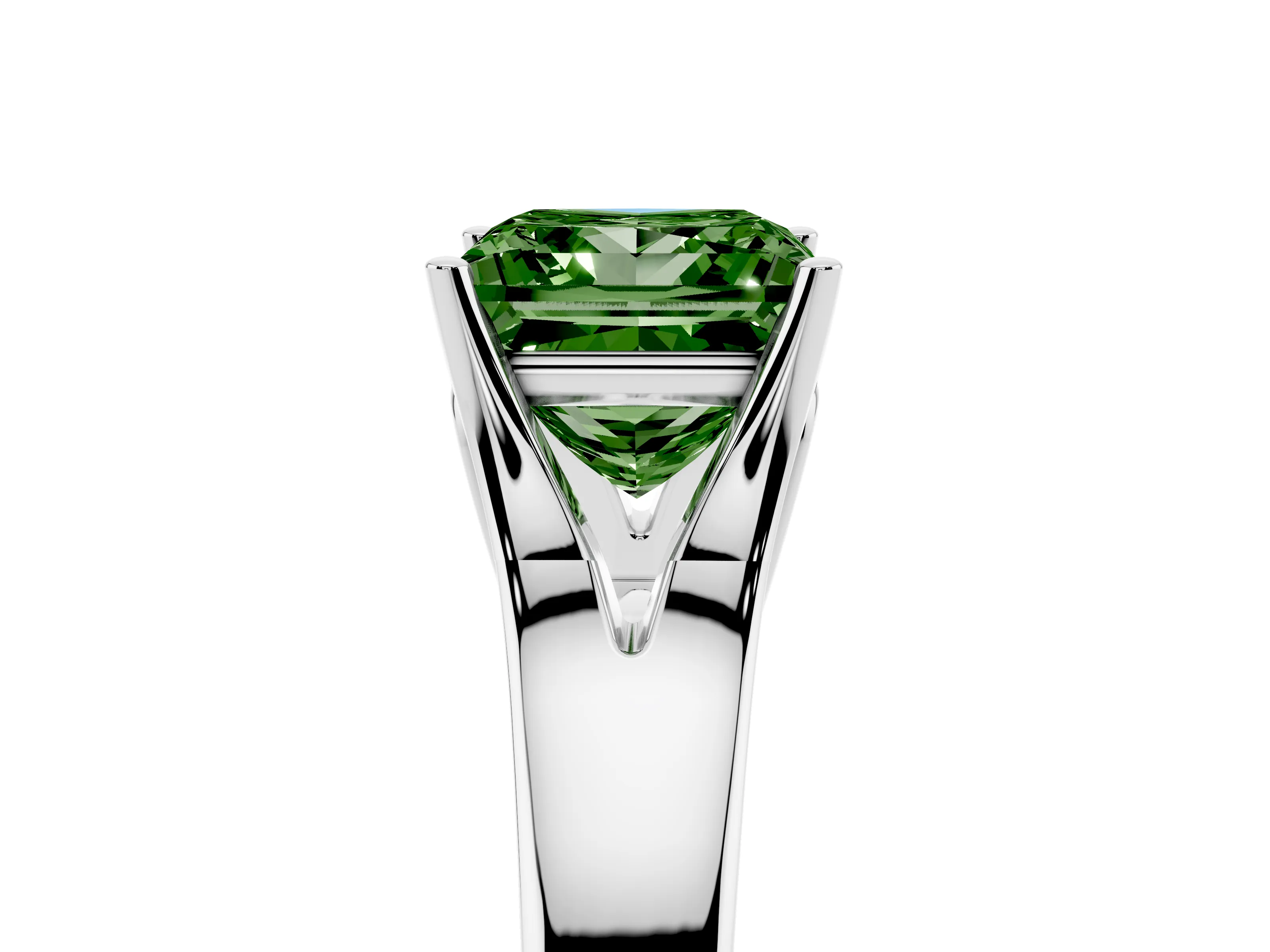 Fancy Green Princess Cut Diamond Solitaire Ring Set in Platinum with Arched Cathedral Band and Prong Setting