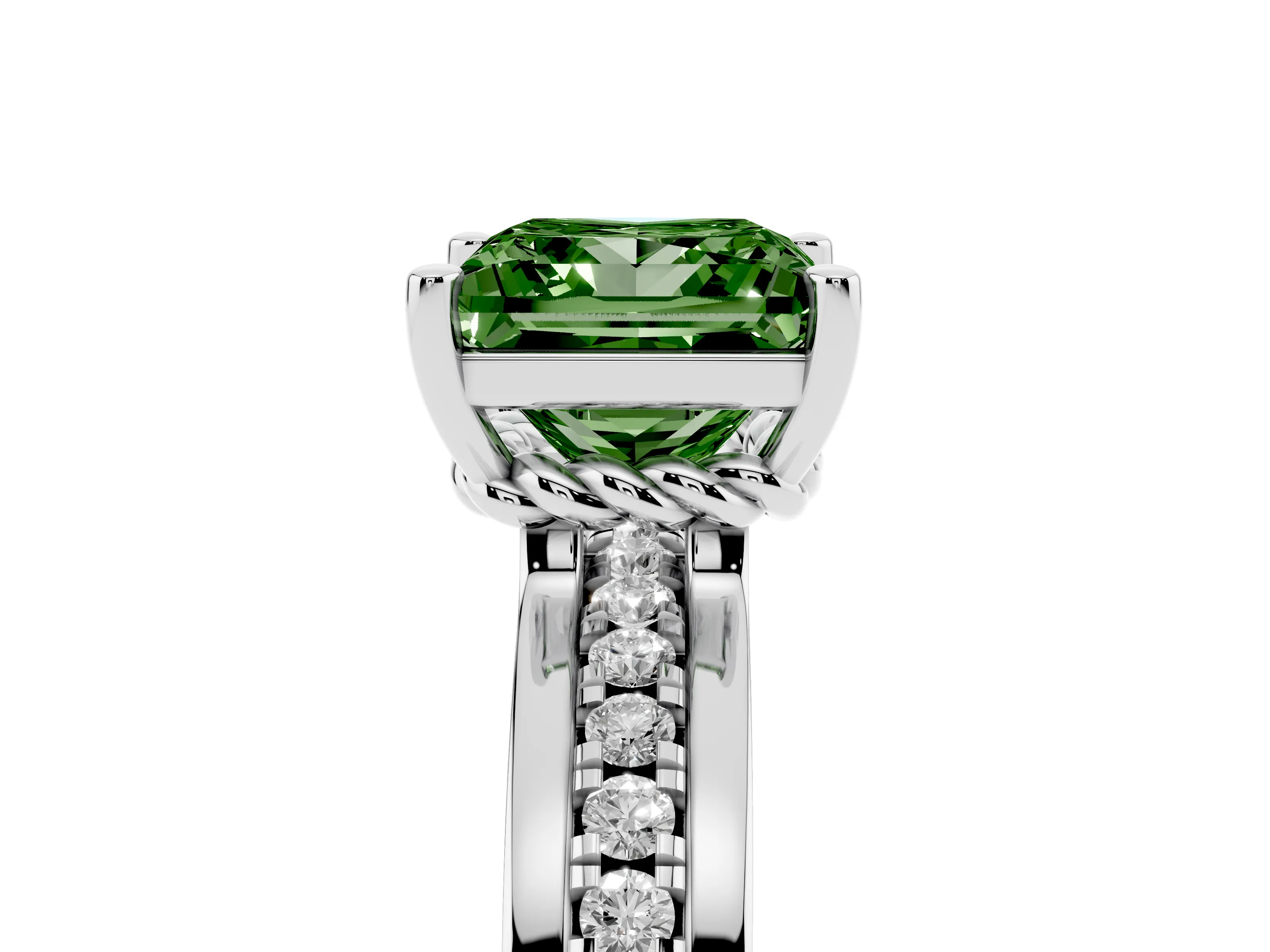 Fancy Green Princess Cut Diamond Solitaire Ring Set in White gold with Channel Set Band and Prong Setting
