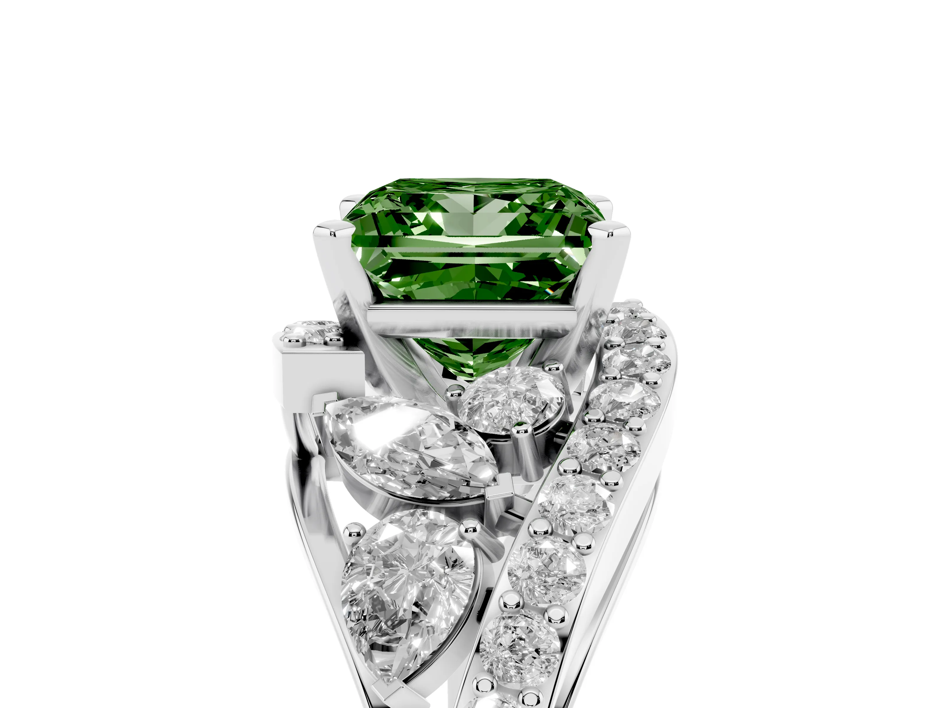 Fancy Green Princess Cut Diamond Halo Ring Set in Platinum with Marquise and Pavé Band in Prong Setting