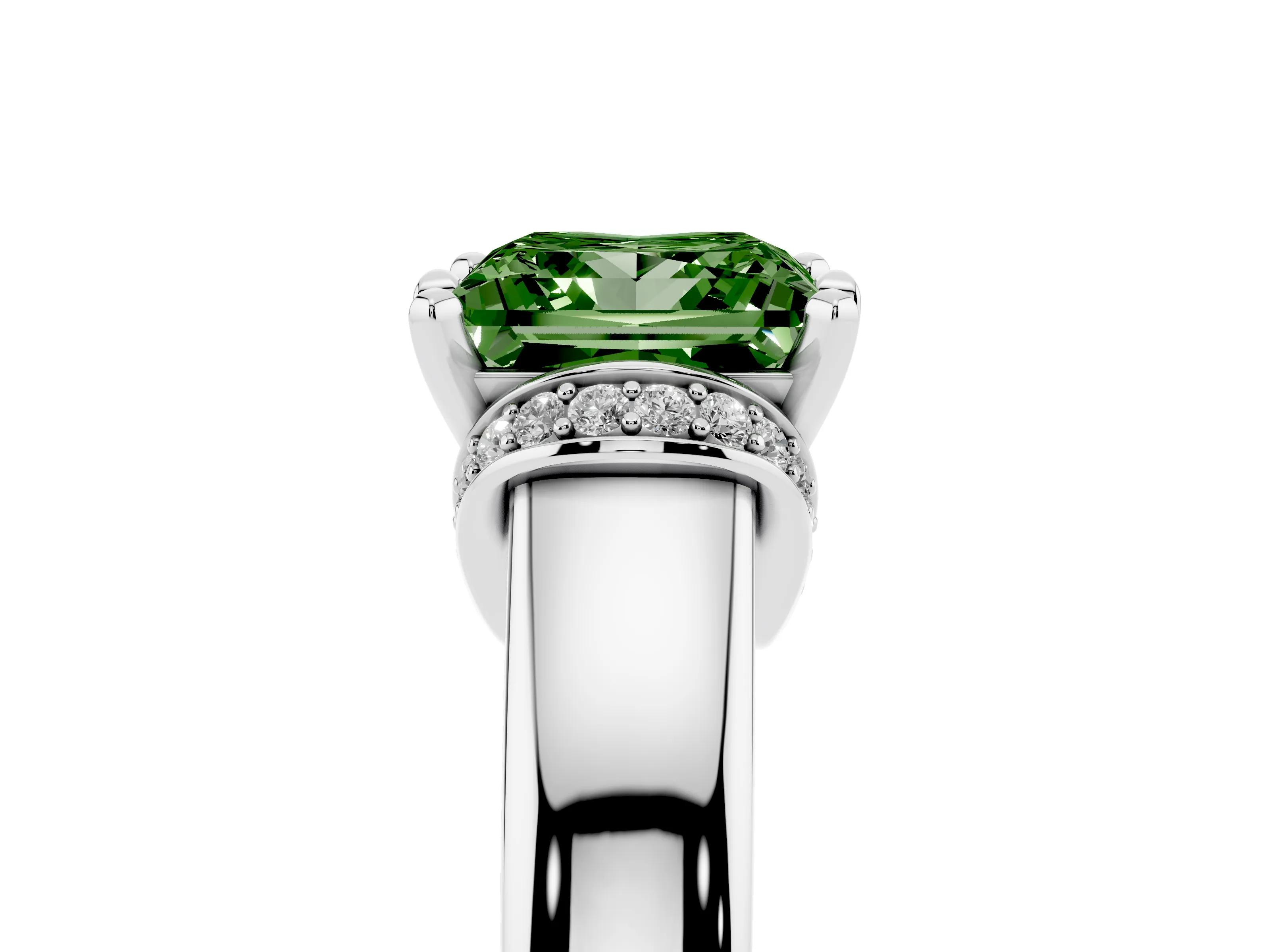 Fancy Green Princess Cut Diamond Pavé Band Solitaire Ring Set in Platinum with Prong Setting