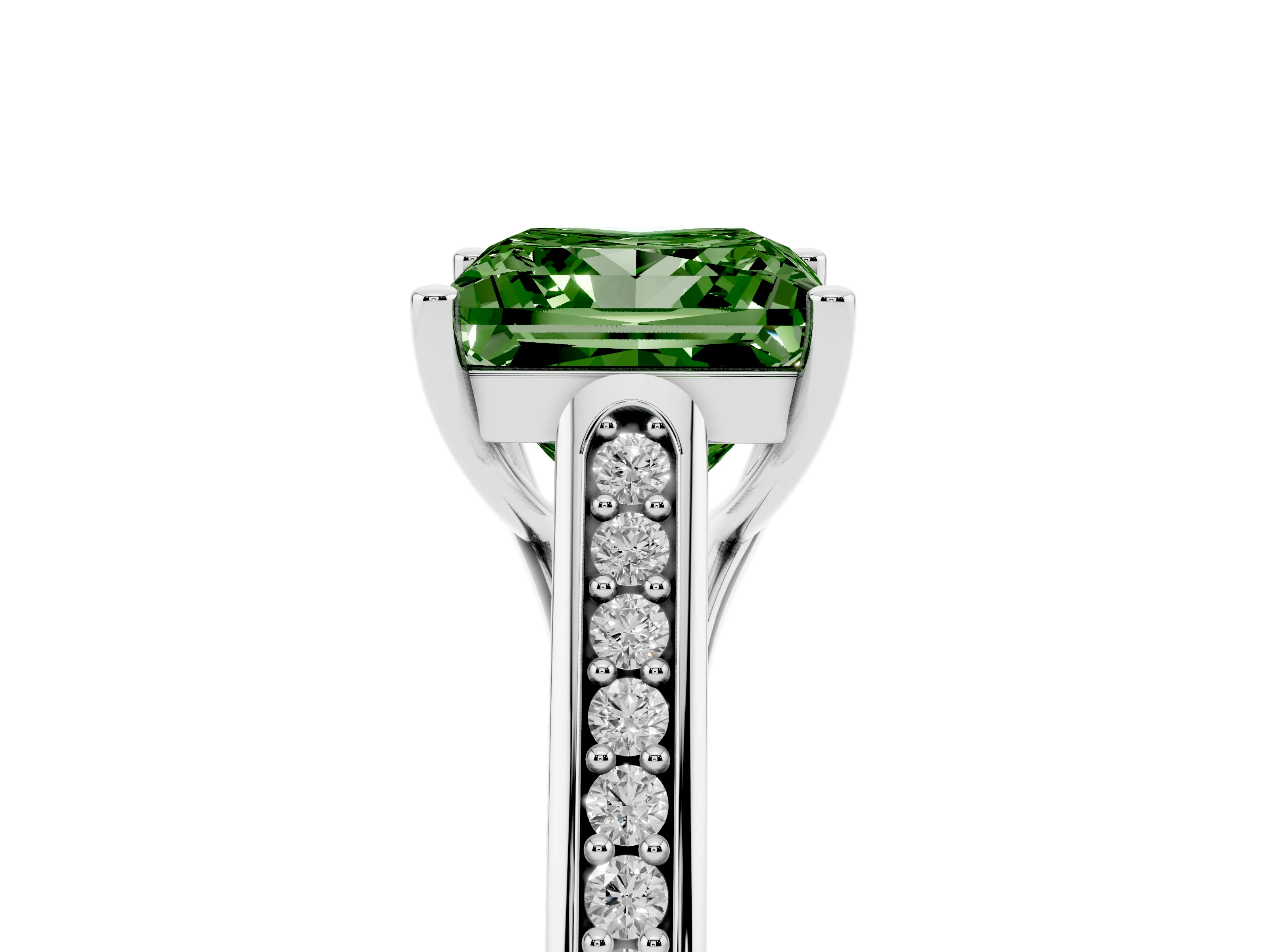 Fancy Green Princess Cut Diamond Solitaire Cathedral Engagement Ring Set in Platinum with Channel-Set Band and Prong Setting