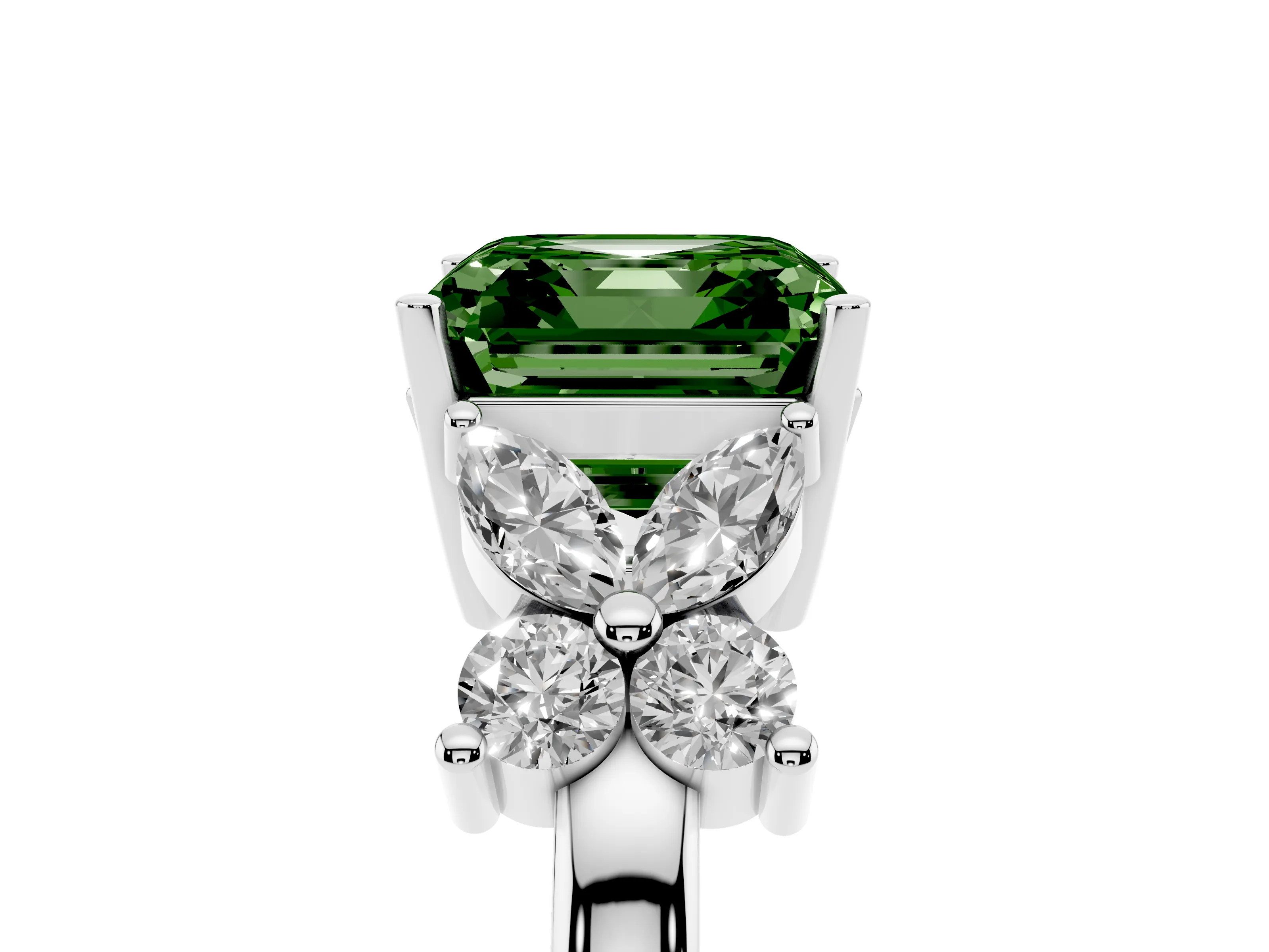 Fancy Green Princess Cut Diamond Floral Cluster Ring Set in Silver with Marquise Petals and Prong Setting