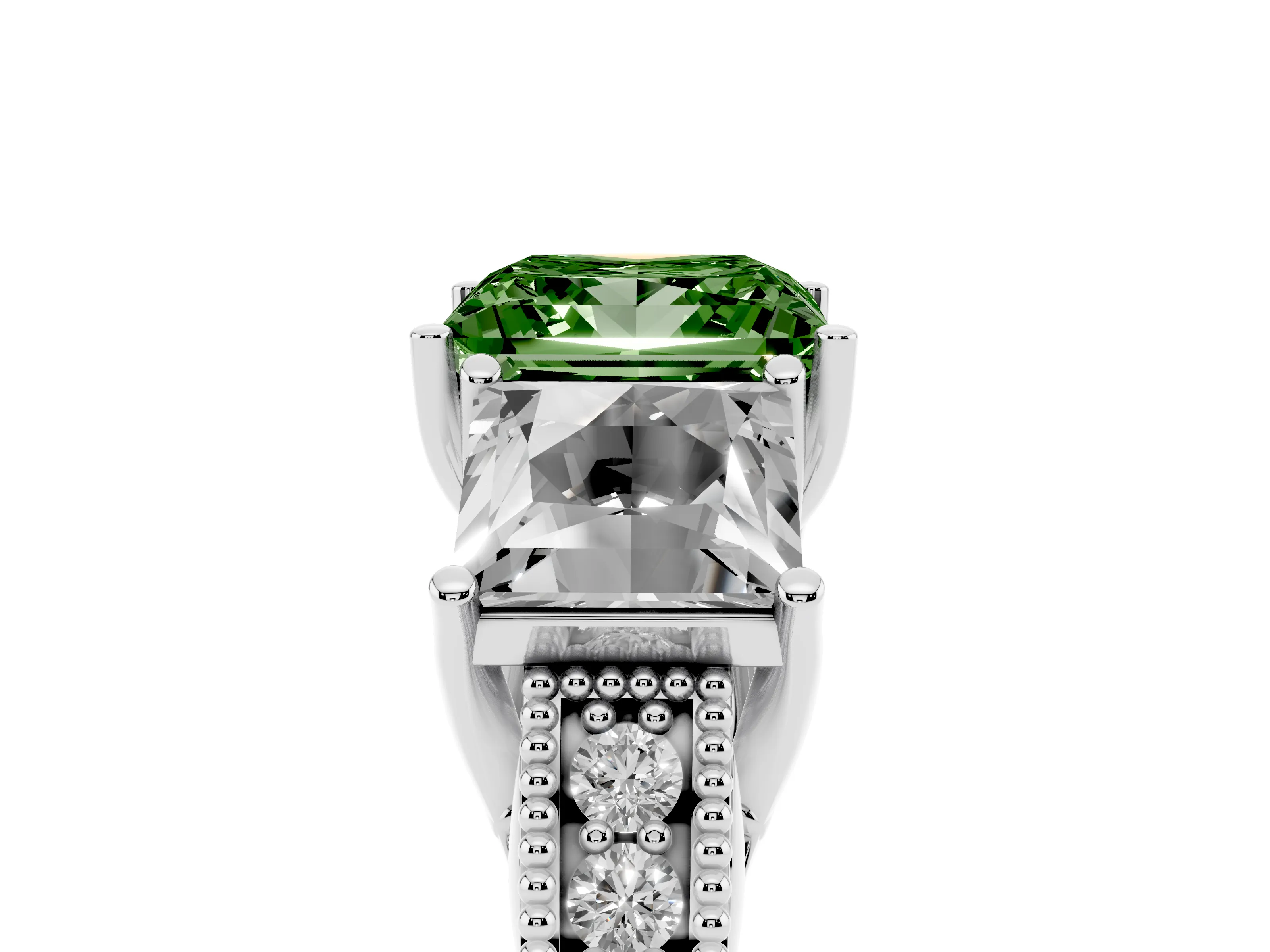Fancy Green Princess Cut Diamond Three-Stone Engagement Ring Set in White gold with Milgrain Pavé Band