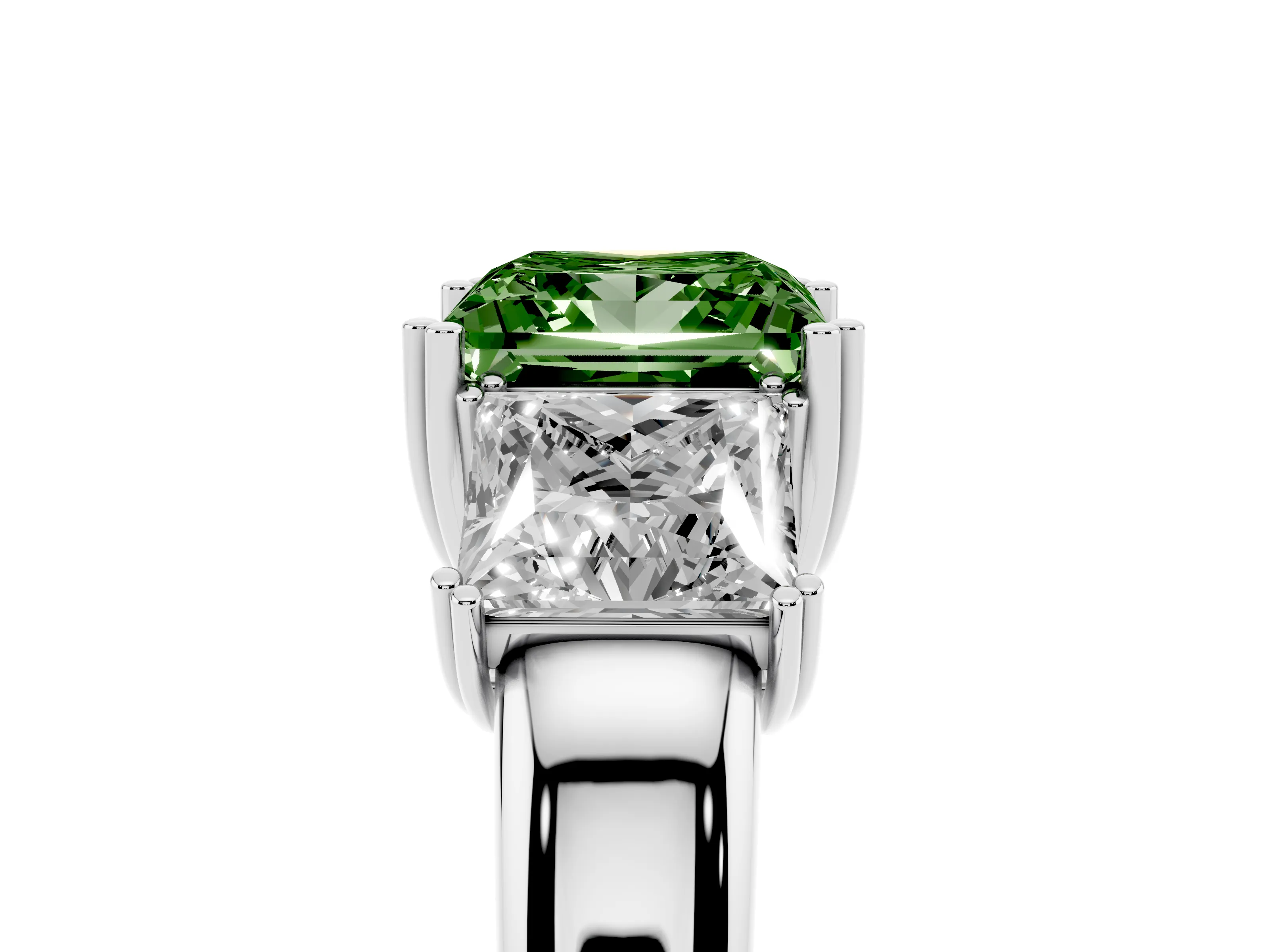 Fancy Green Princess Cut Diamond Three-Stone Ring Set in Platinum with Polished Channel-Set Band