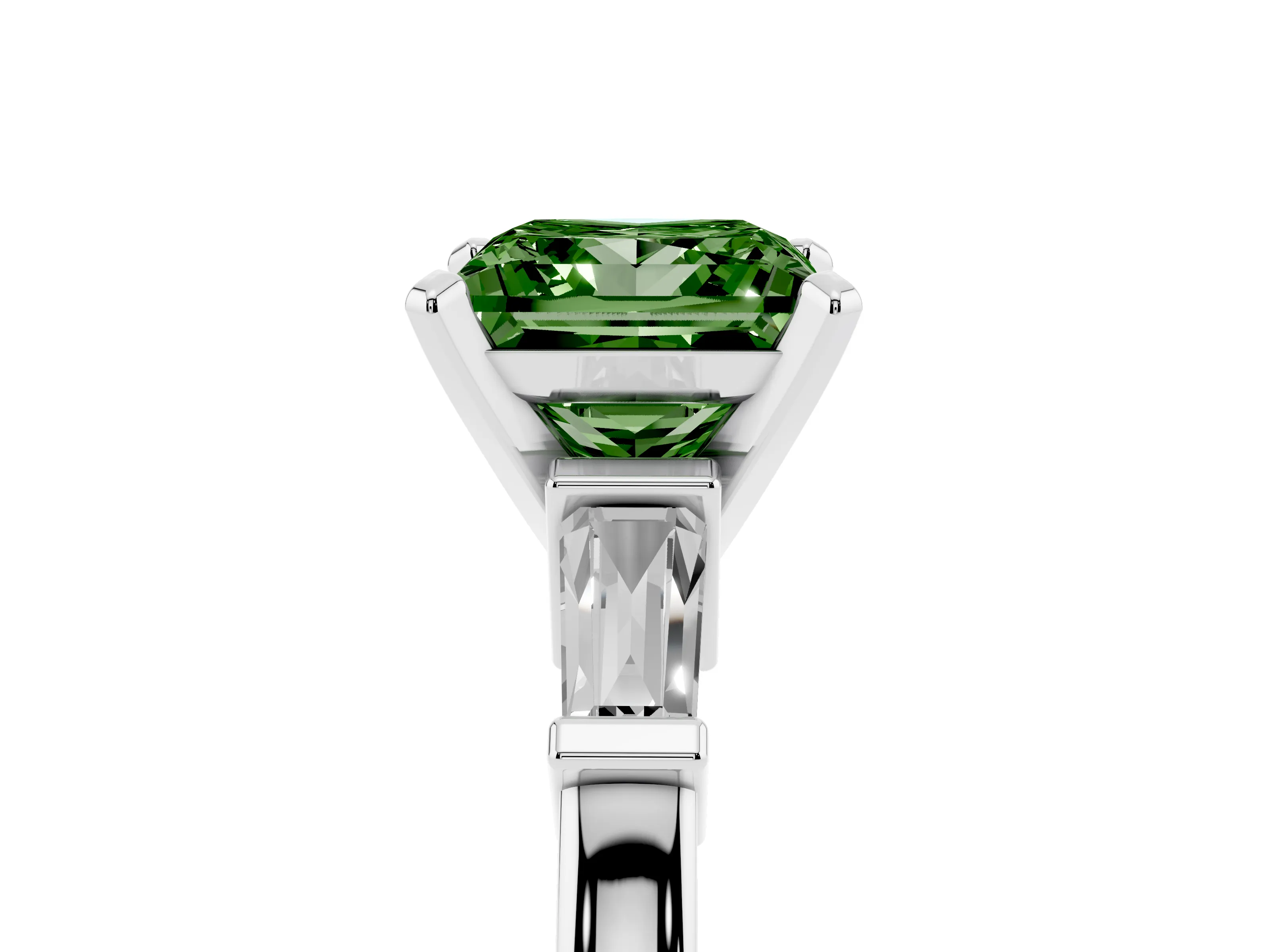 Fancy Green Princess Cut Diamond Solitaire Ring Set in White gold with Tapered Baguette Accents and Prong Setting