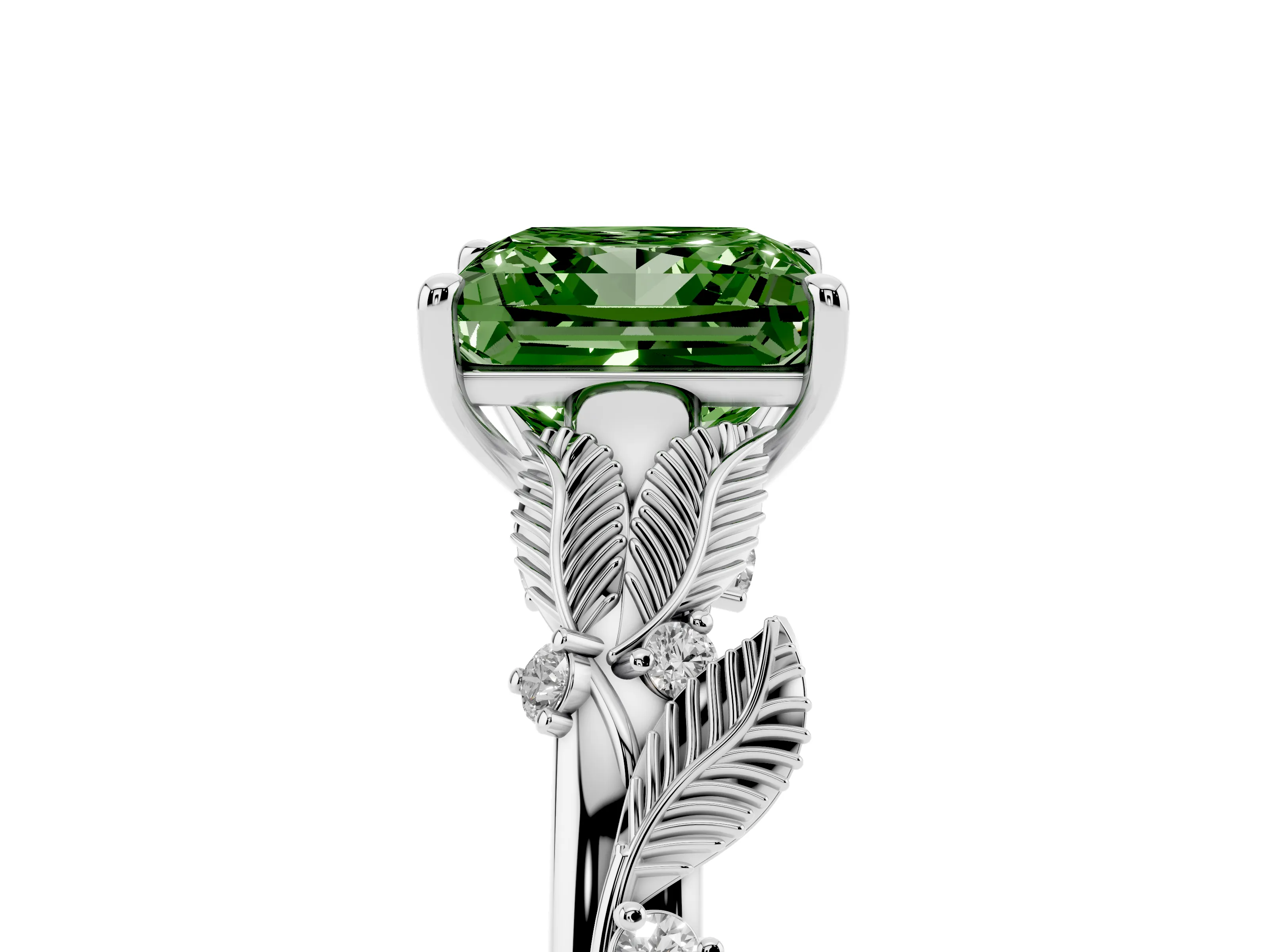 Fancy Green Princess Cut Diamond Solitaire Ring Set in Silver with Leaf Motif Band
