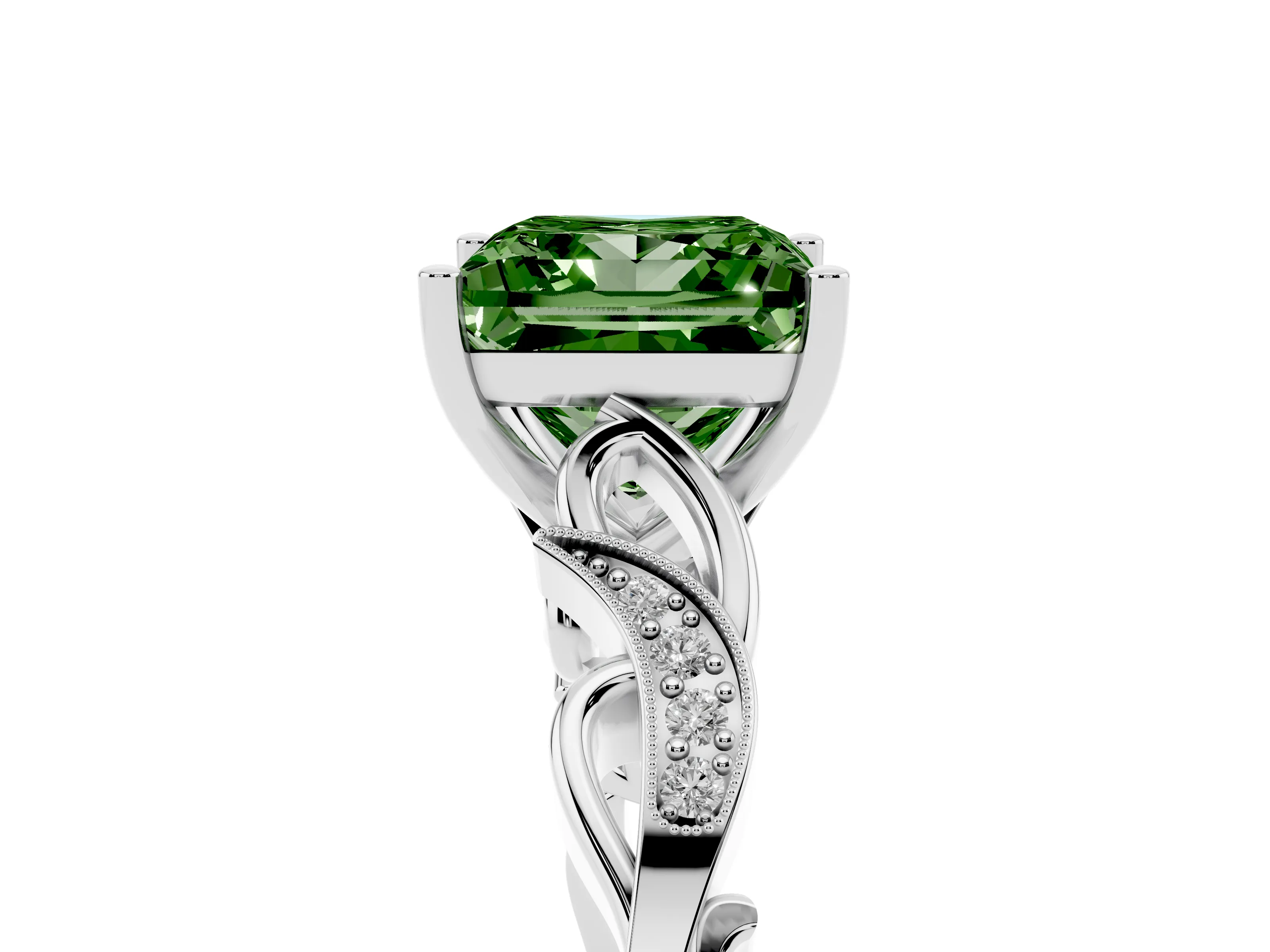 Fancy Green Princess Cut Diamond Vine Band Solitaire Ring Set in White gold with Milgrain Prong Setting