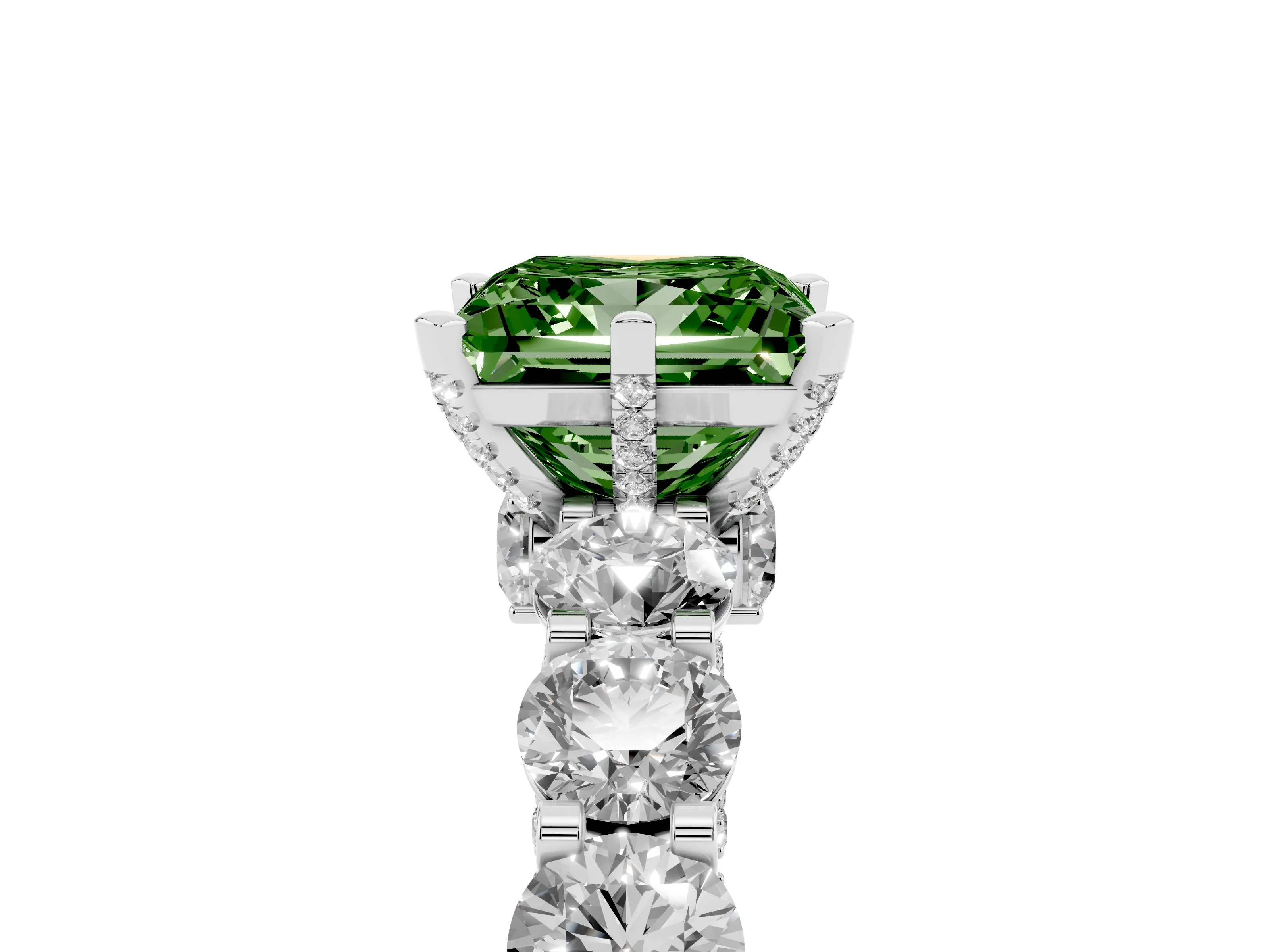 Fancy Green Princess Cut Diamond Side Stone Ring Set in Platinum with Alternating Round and Oval Side Stones