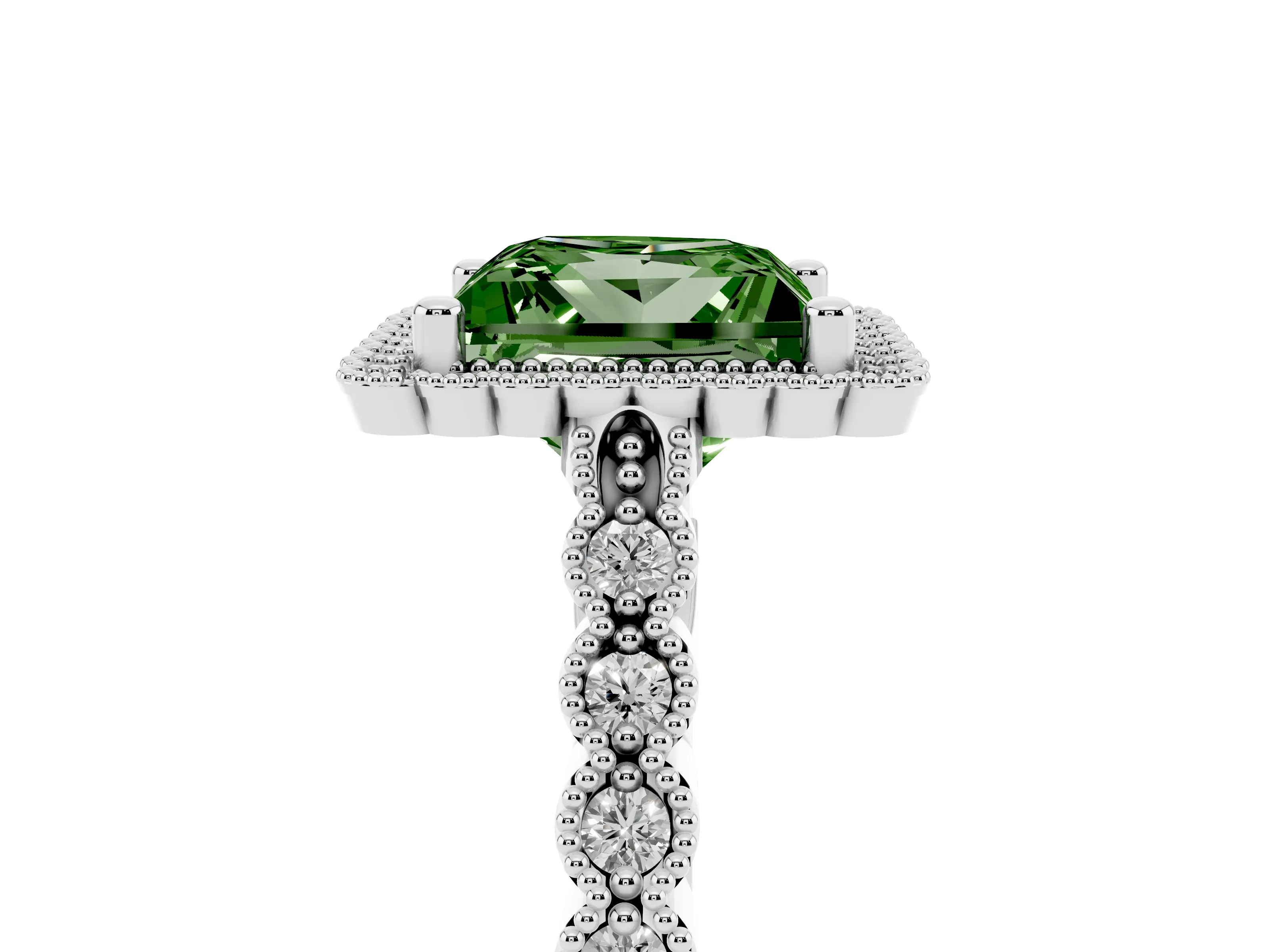Fancy Green Princess Cut Diamond Halo Ring Set in White gold with Pavé Milgrain Band