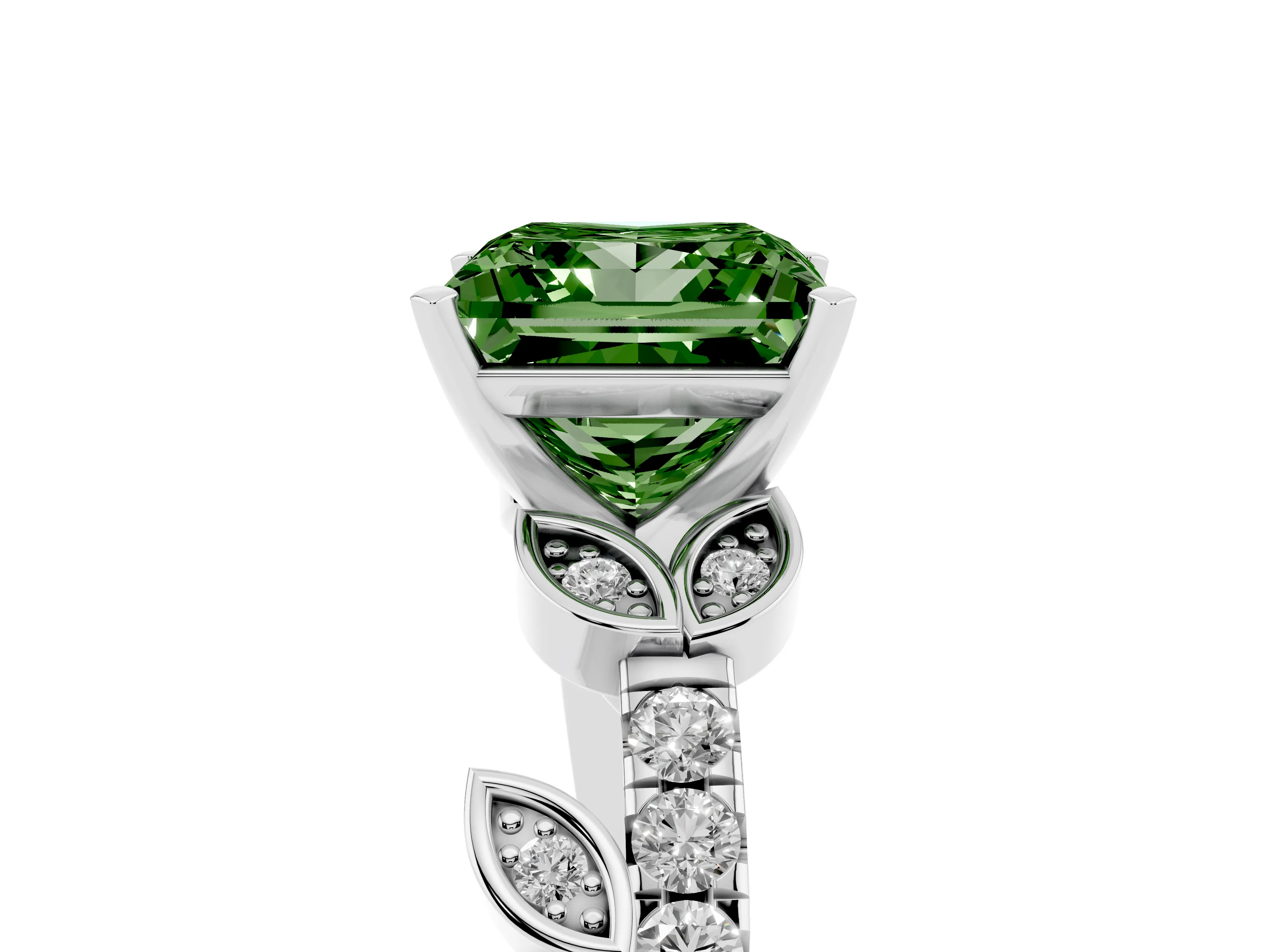 Fancy Green Princess Cut Diamond Solitaire Leaf-Inspired Ring Set in White gold with Pavé Band and Prong Setting