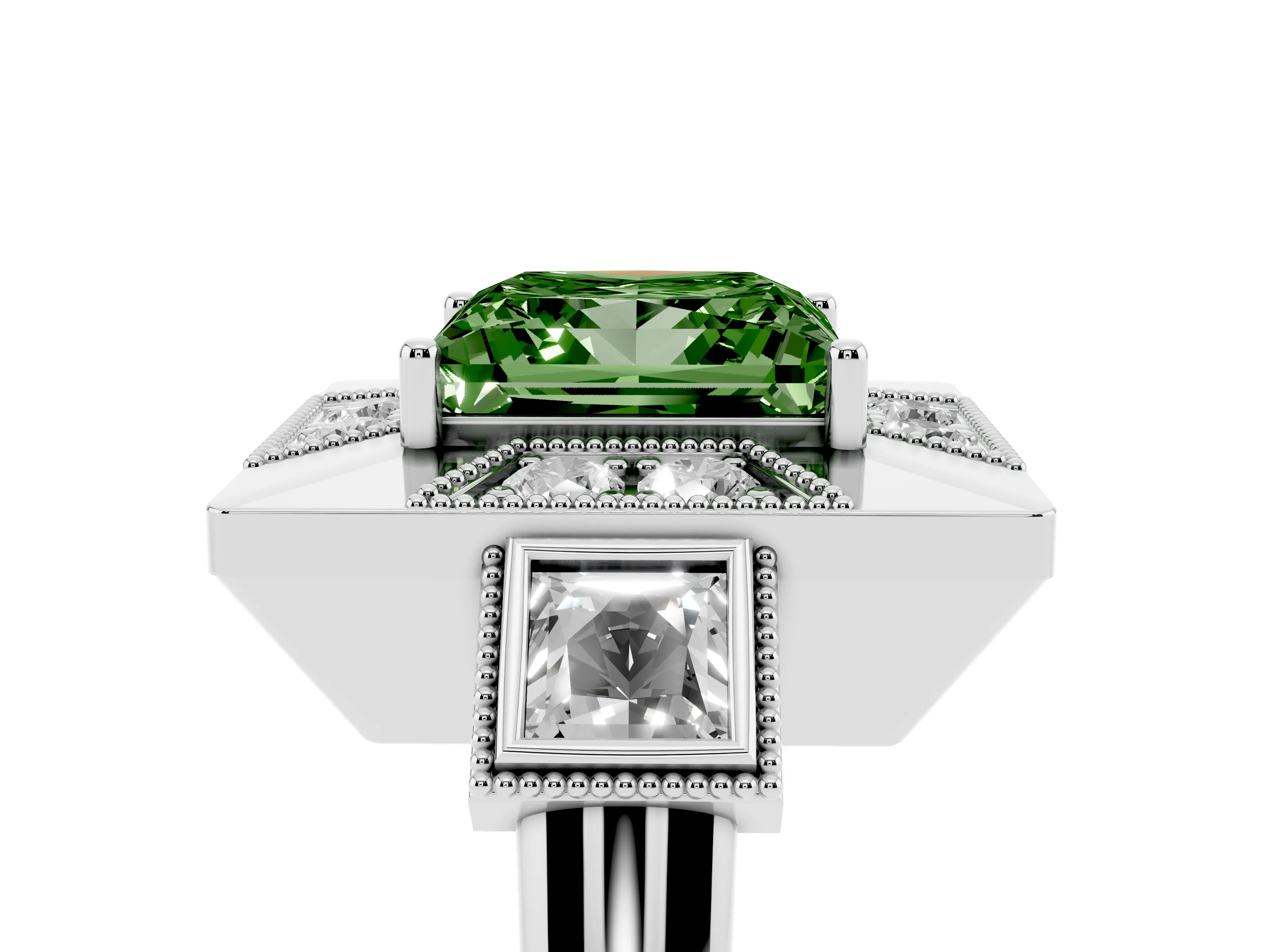 Fancy Green Princess Cut Diamond Milgrain Halo Ring Set in Platinum with Split Shank