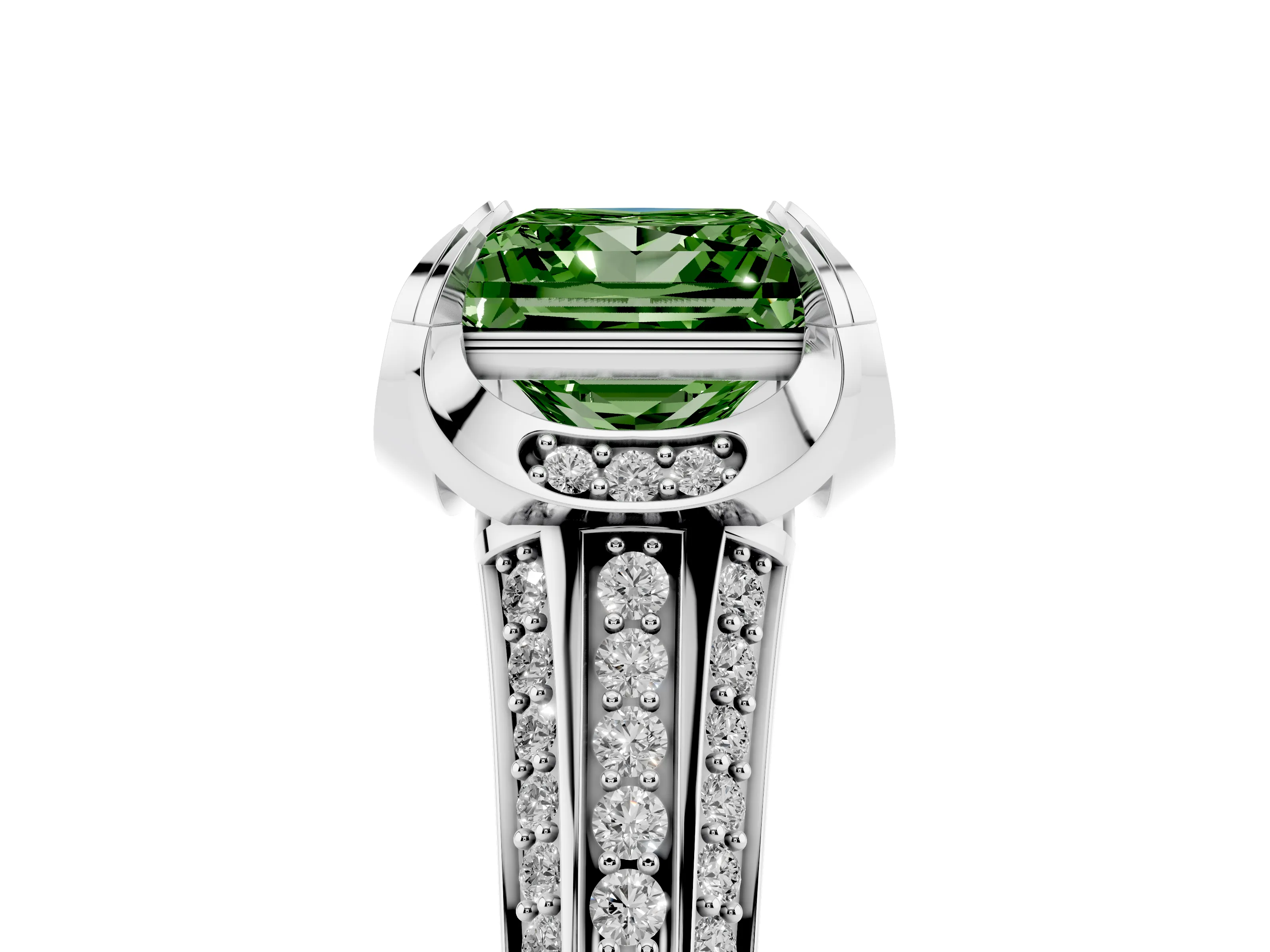 Fancy Green Princess Cut Diamond Pavé Split Shank Solitaire Ring Set in Platinum with Prong Setting