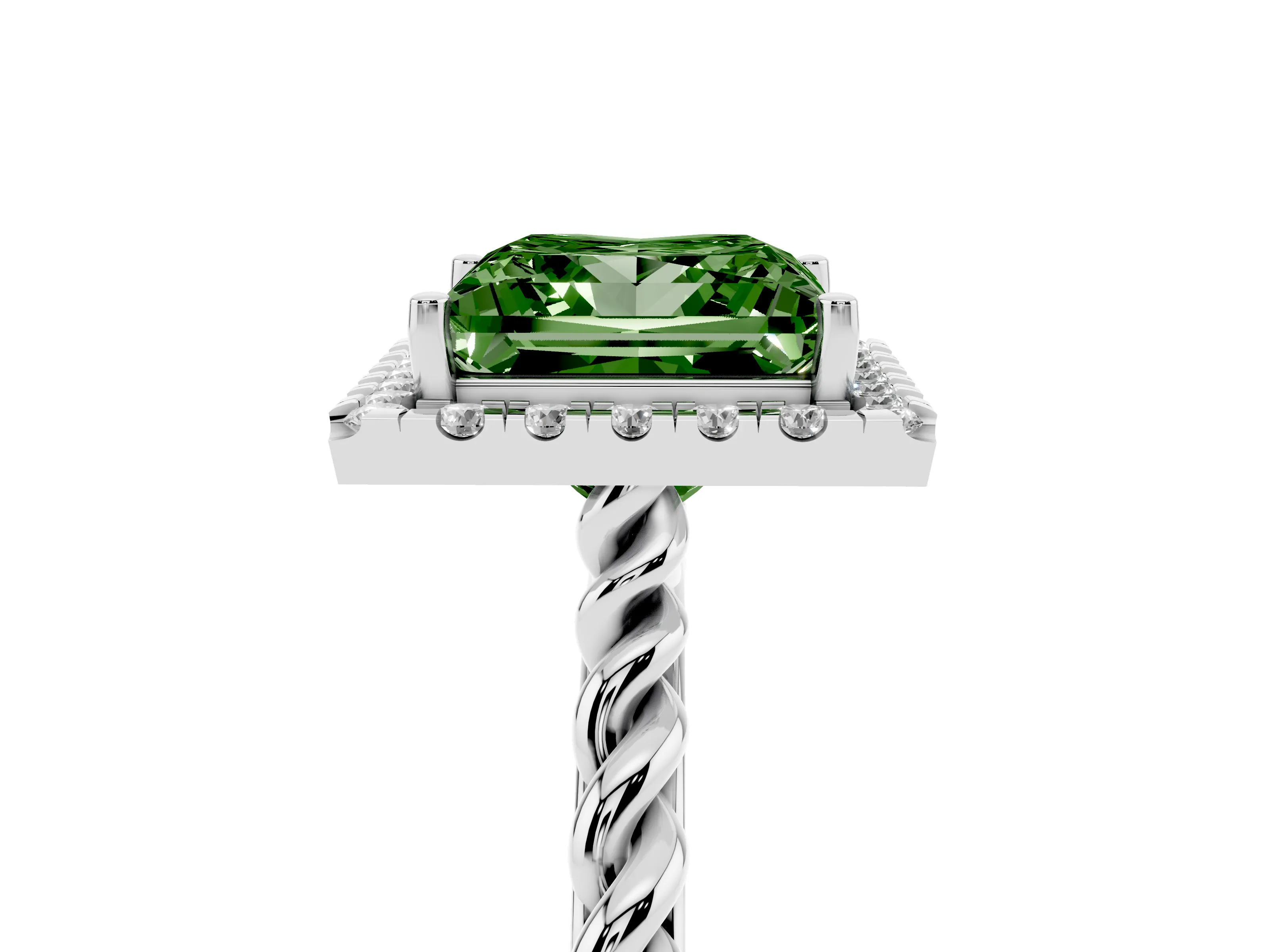 Fancy Green Princess Cut Diamond Halo Ring Set in Silver with Plain Twisted Band