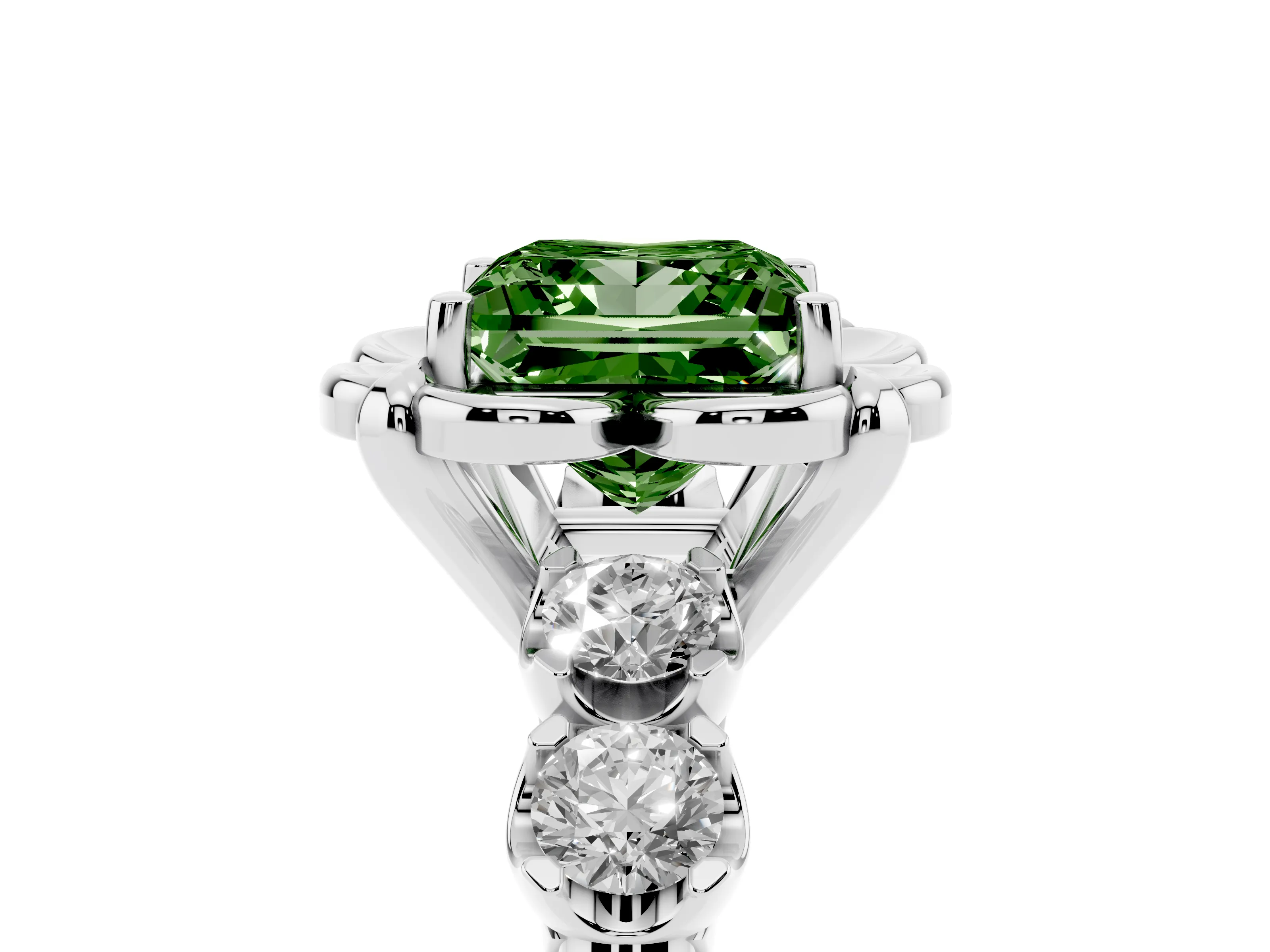 Fancy Green Princess Cut Diamond Floral Halo Ring Set in Platinum with Shared Prong Band