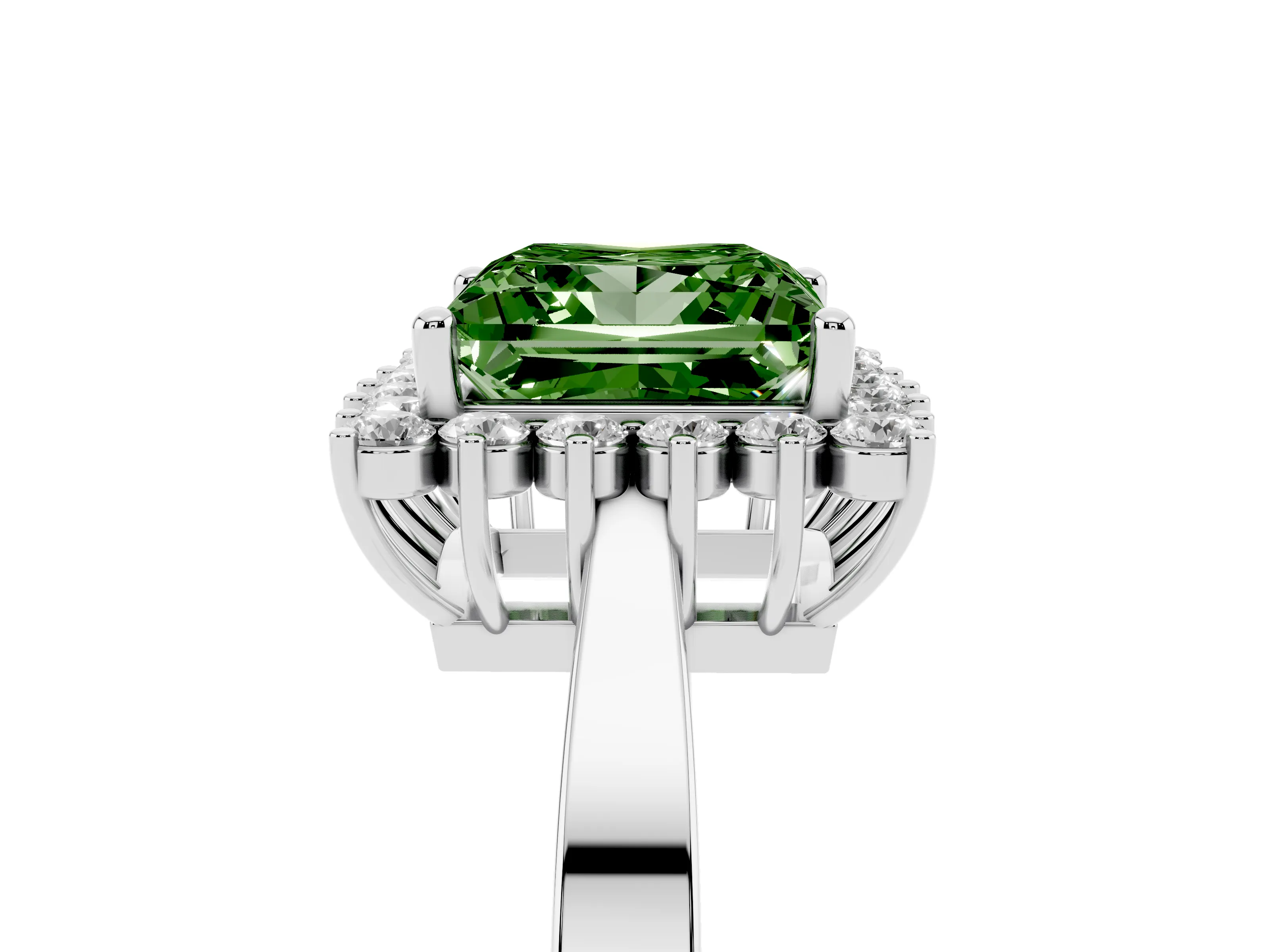 Fancy Green Princess Cut Diamond Halo Ring Set in White gold with Round Halo and Smooth Solitaire Band