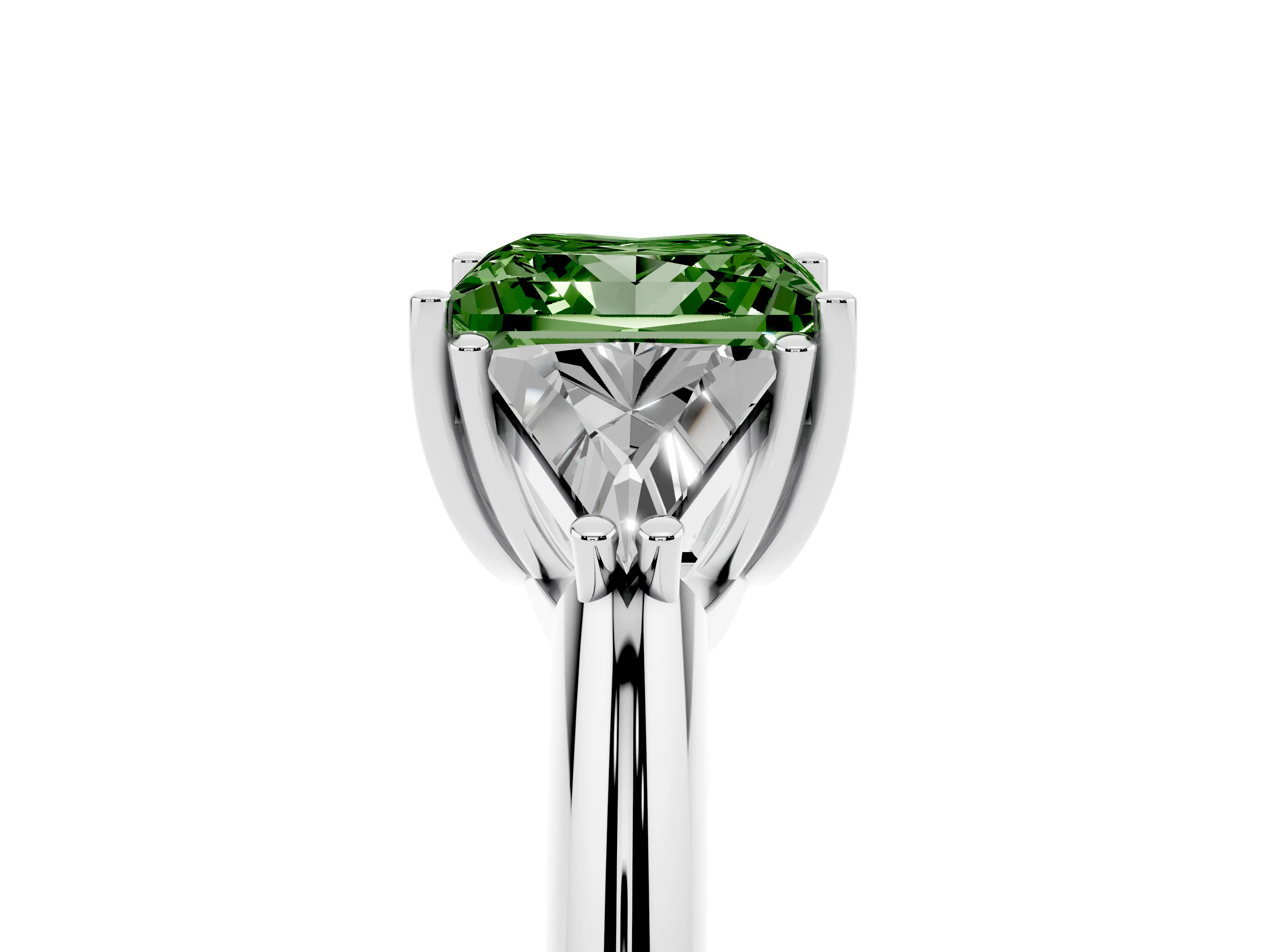 Fancy Green Princess Cut Diamond Three-Stone Engagement Ring Set in White gold with Trillion Side Stones