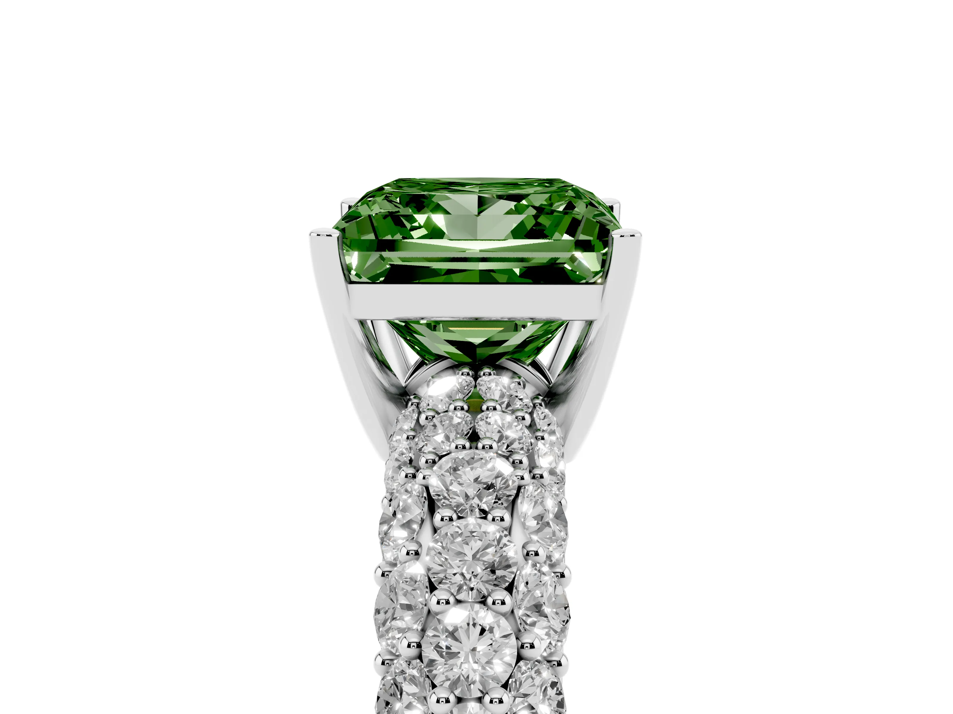Fancy Green Princess Cut Diamond Pavé Band Solitaire Ring Set in Platinum with Close-Set Accent Stones and Prong Setting