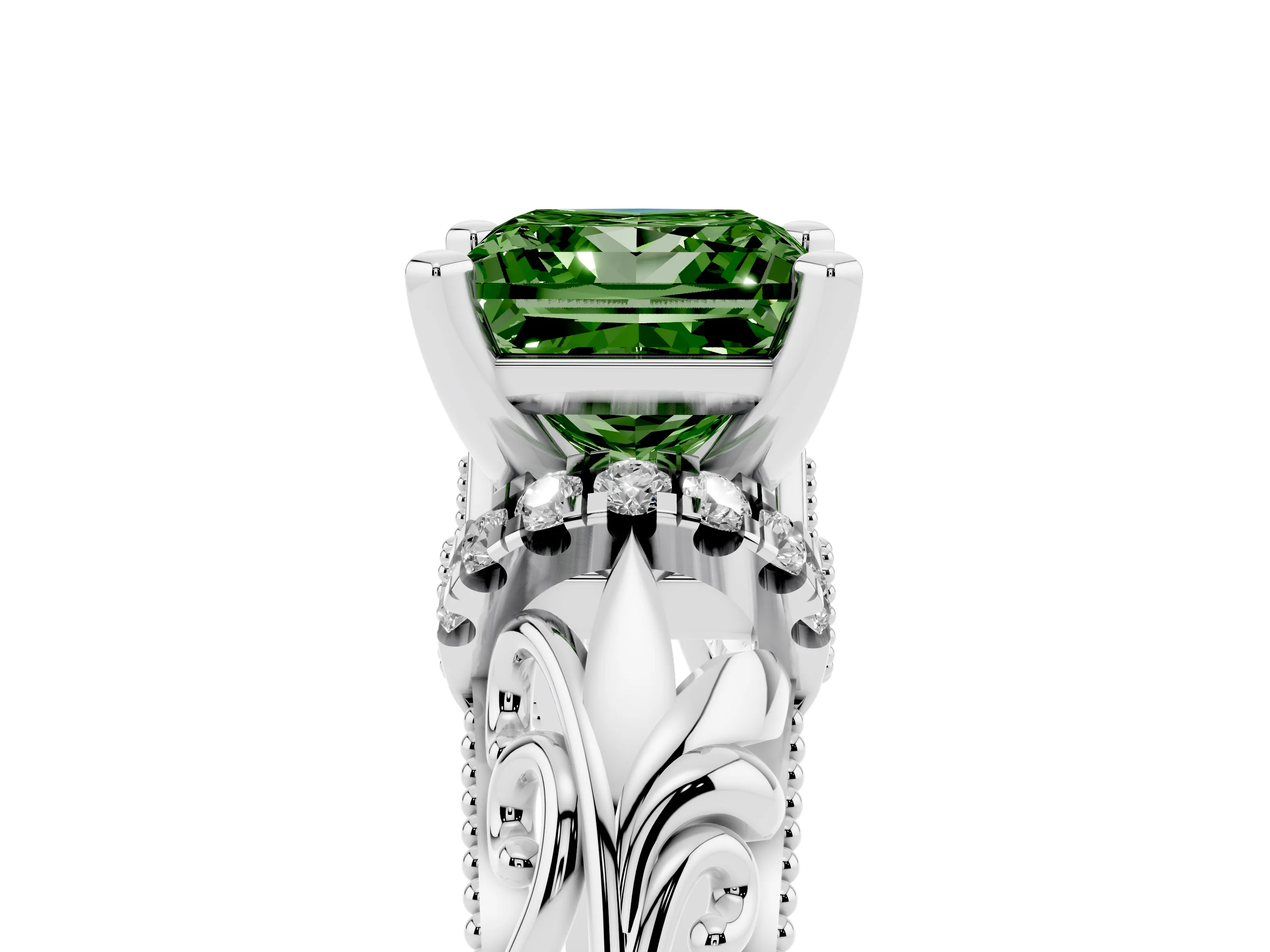 Fancy Green Princess Cut Diamond Filigree Halo Engagement Ring Set in Silver with Prong Setting