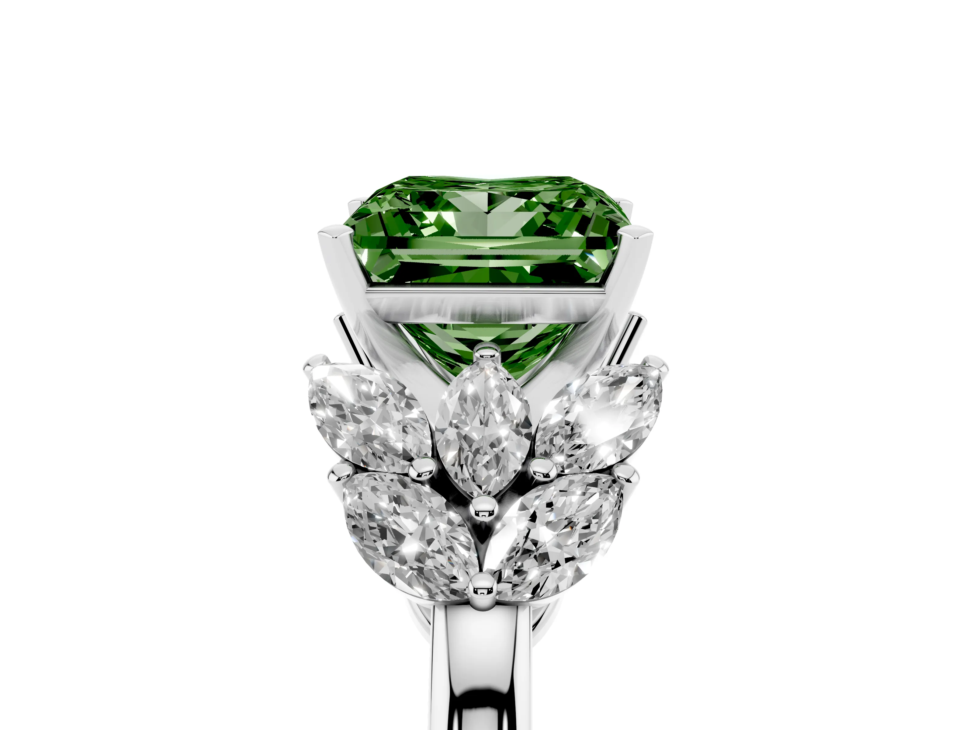 Fancy Green Princess Cut Diamond Cluster Leaf Design Ring Set in White gold with Prong Setting