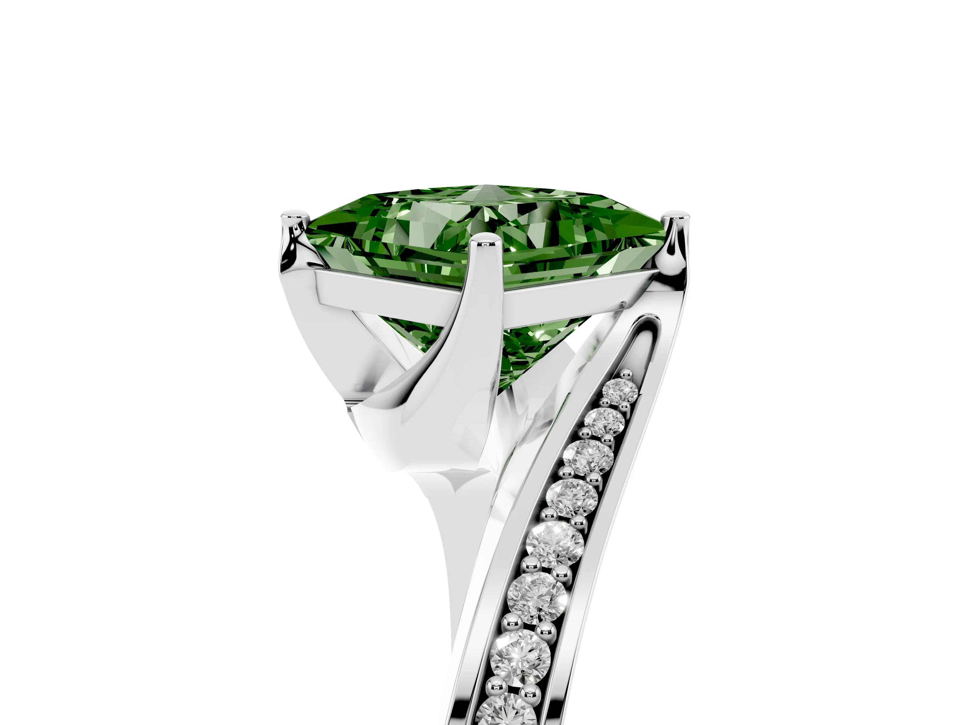 Fancy Green Princess Cut Diamond Solitaire Ring Set in Platinum with Intertwined Pavé Twist Band