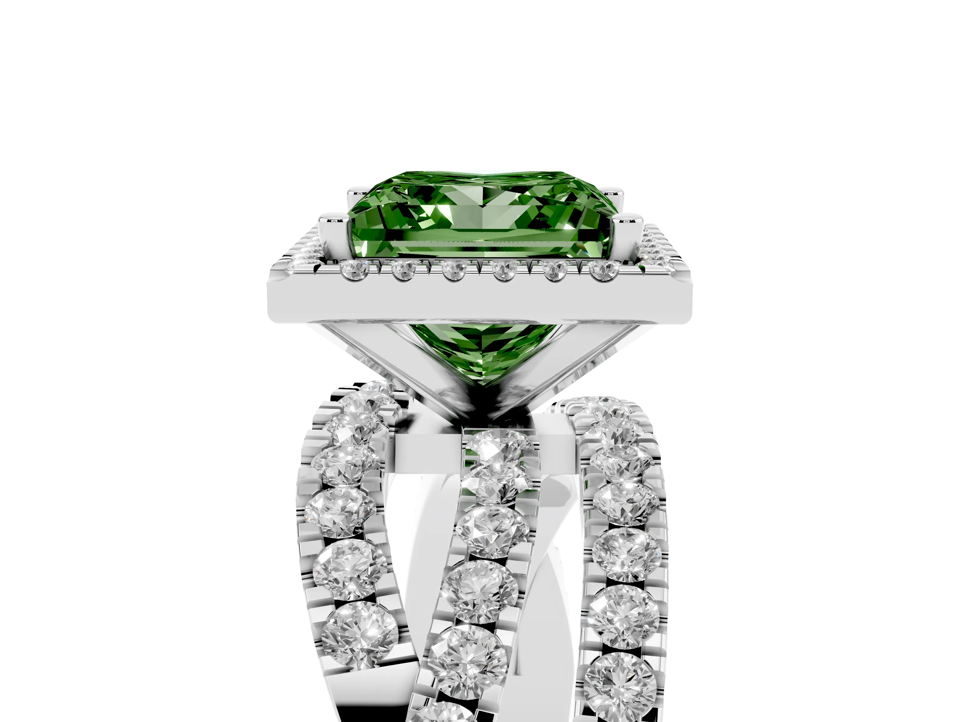 Fancy Green Princess Cut Diamond Halo Ring Set in White gold with Round Crossover Split Shank and Prong Setting