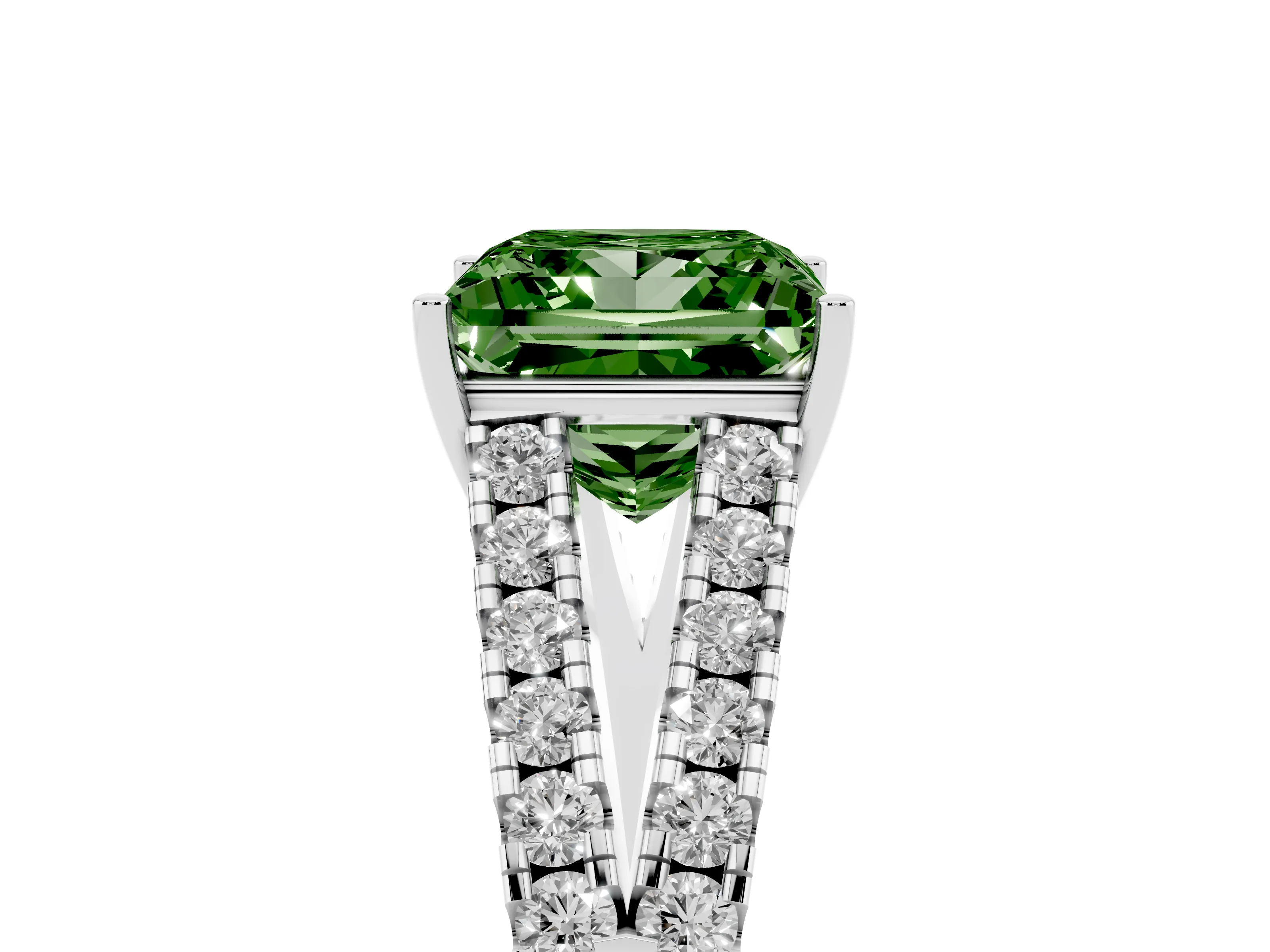 Fancy Green Princess Cut Diamond Split Shank Pavé Engagement Ring Set in White gold with Prong-Held Center Stone