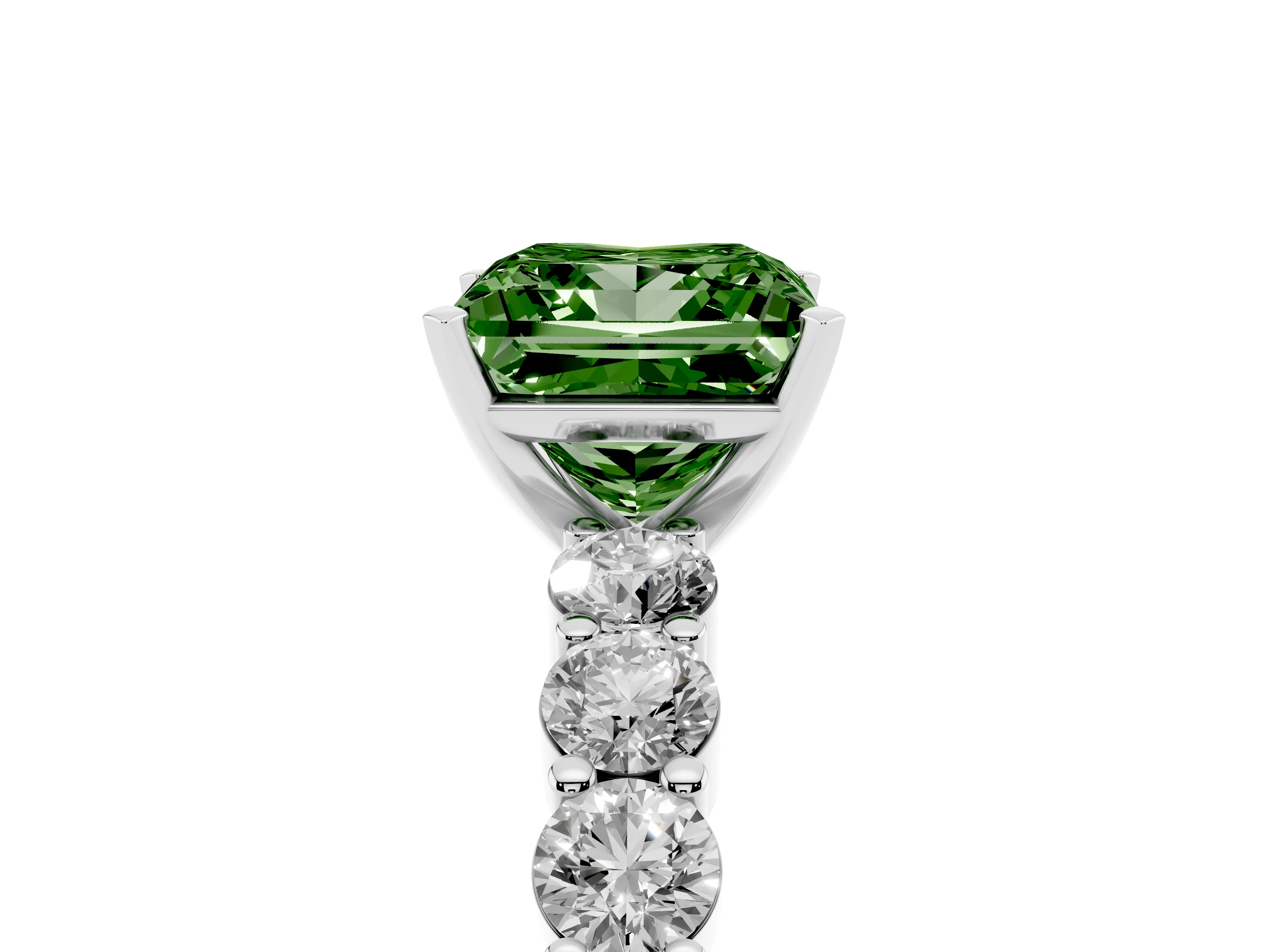 Fancy Green Princess Cut Diamond Solitaire Ring Set in Platinum with Shared Prong Round Side Stones