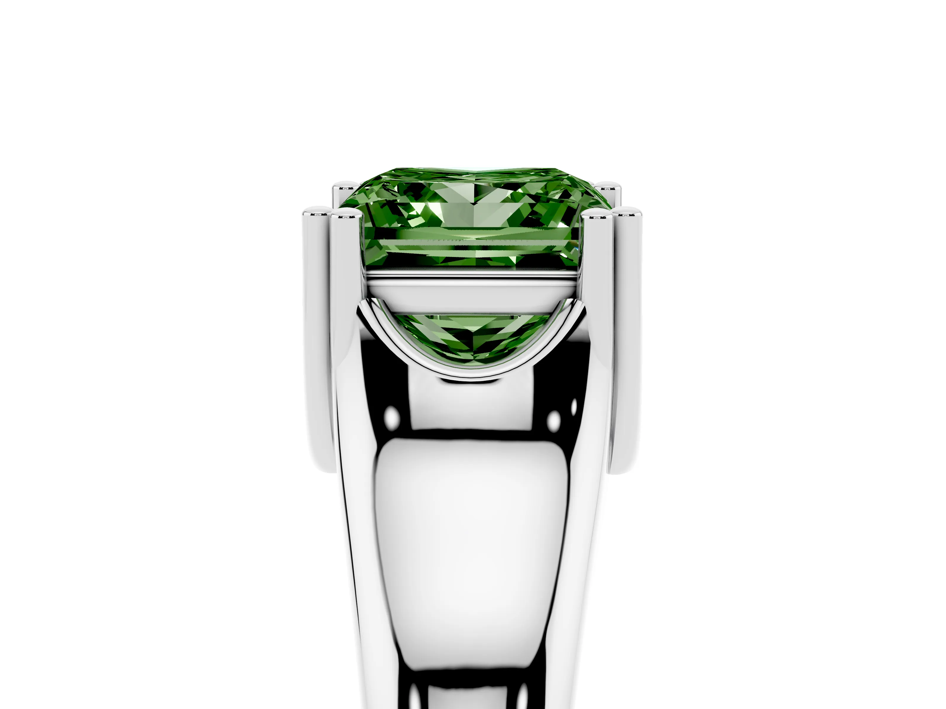 Fancy Green Princess Cut Diamond Solitaire Ring Set in Platinum with Wide Band and Prong Setting