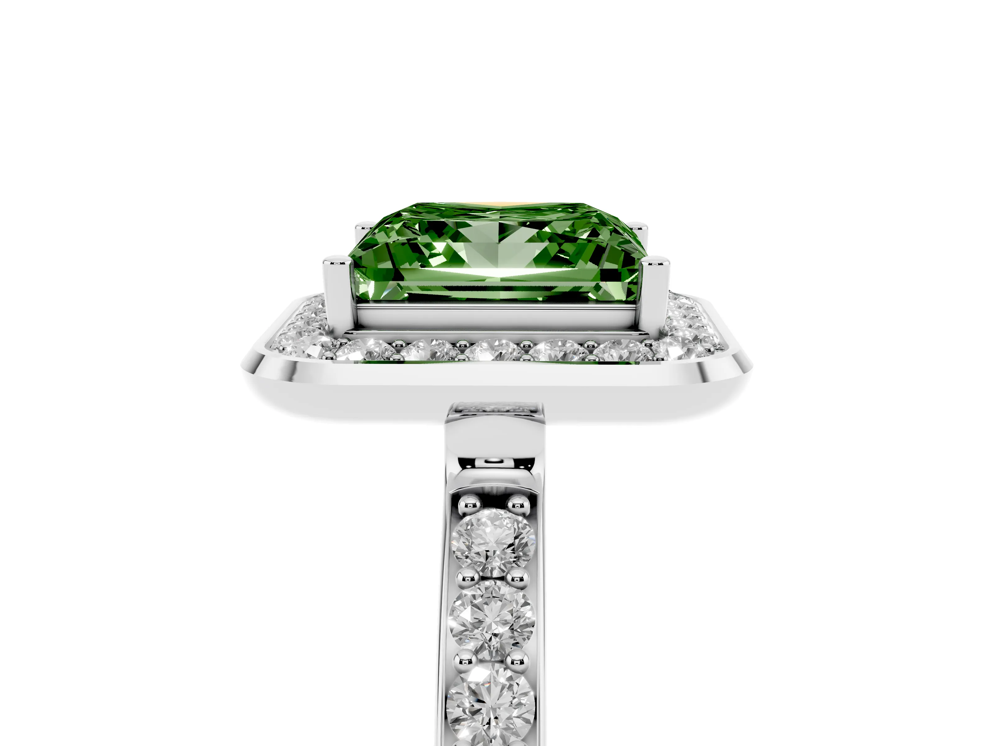 Fancy Green Princess Cut Diamond Halo Ring Set in White gold with Bezel Frame and Pavé Band