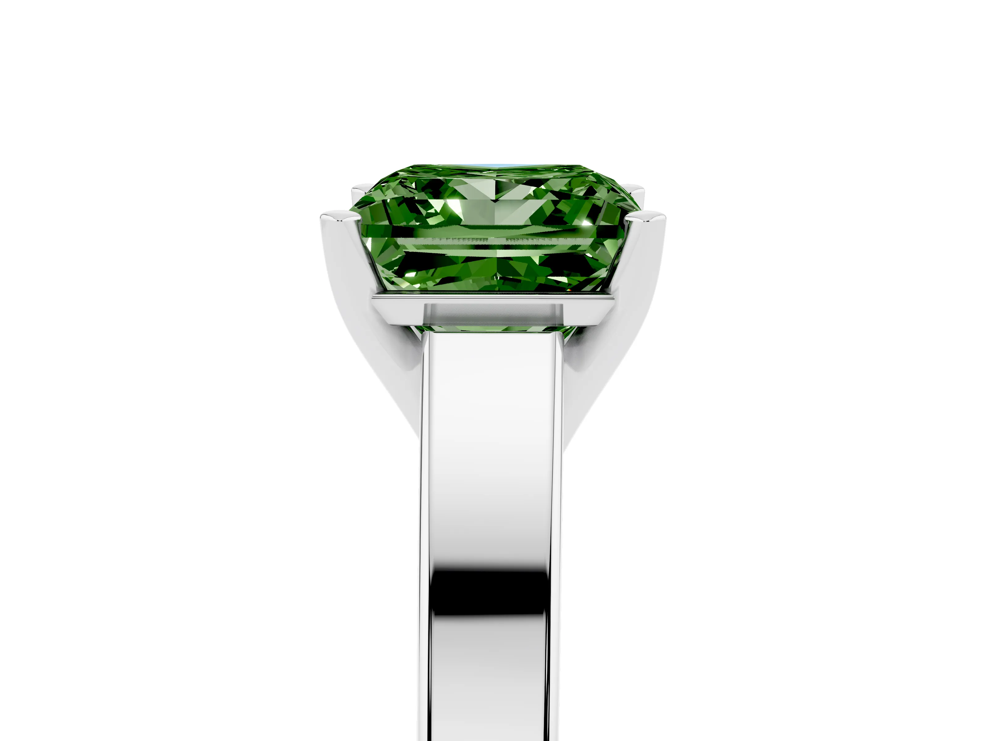 Fancy Green Princess Cut Diamond Solitaire Engagement Ring Set in White gold with Prong Setting and Tapered Band