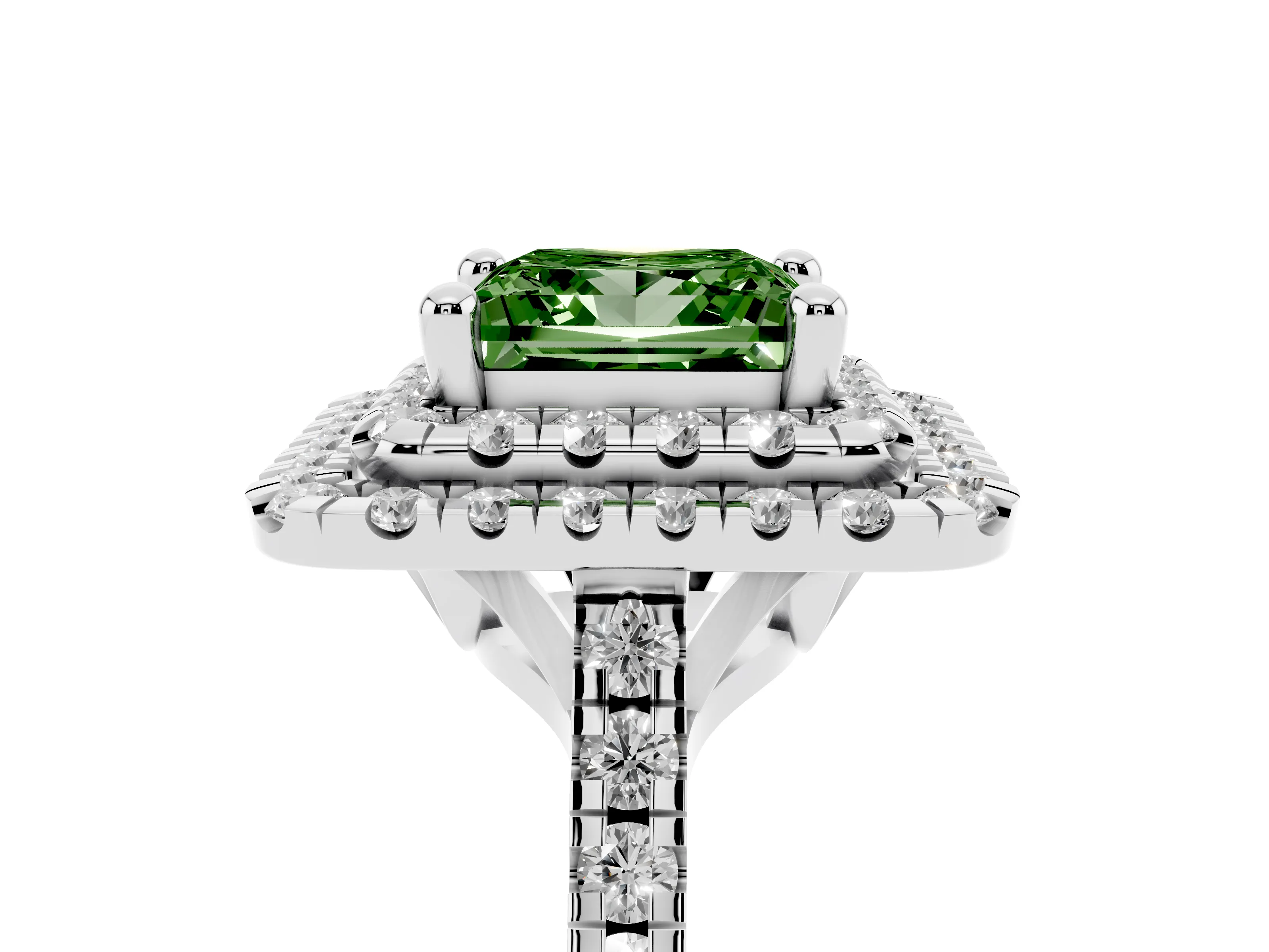 Fancy Green Princess Cut Diamond Double Halo Statement Ring Set in White gold with Pavé Band