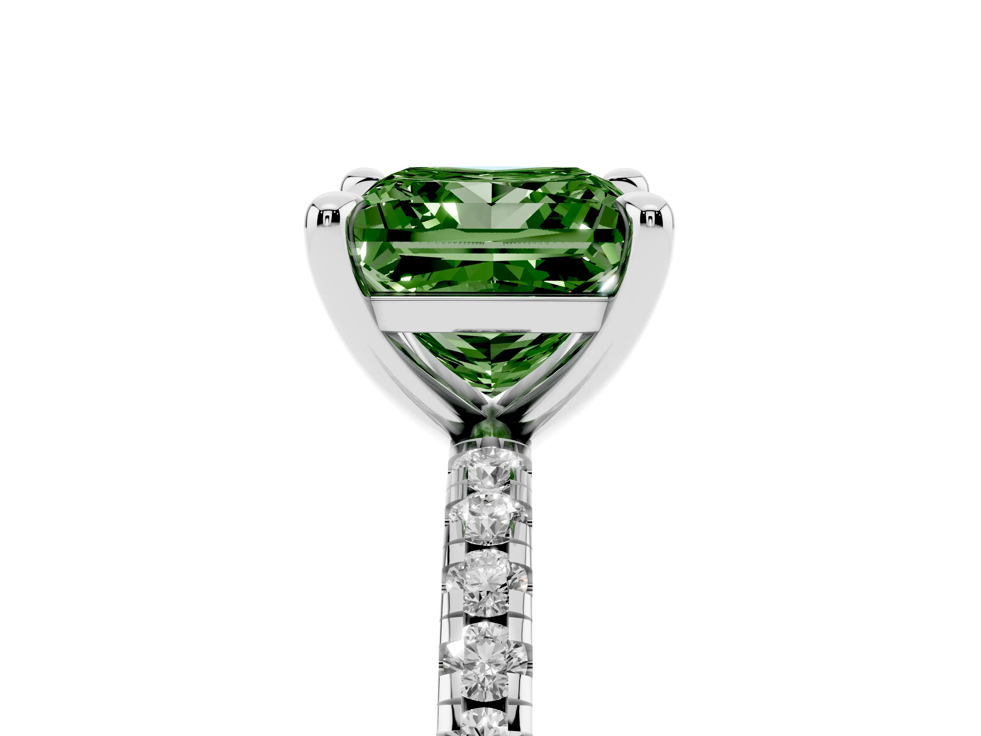 Fancy Green Princess Cut Diamond Brilliant Solitaire Ring Set in White gold with Pavé Band and Prong Setting