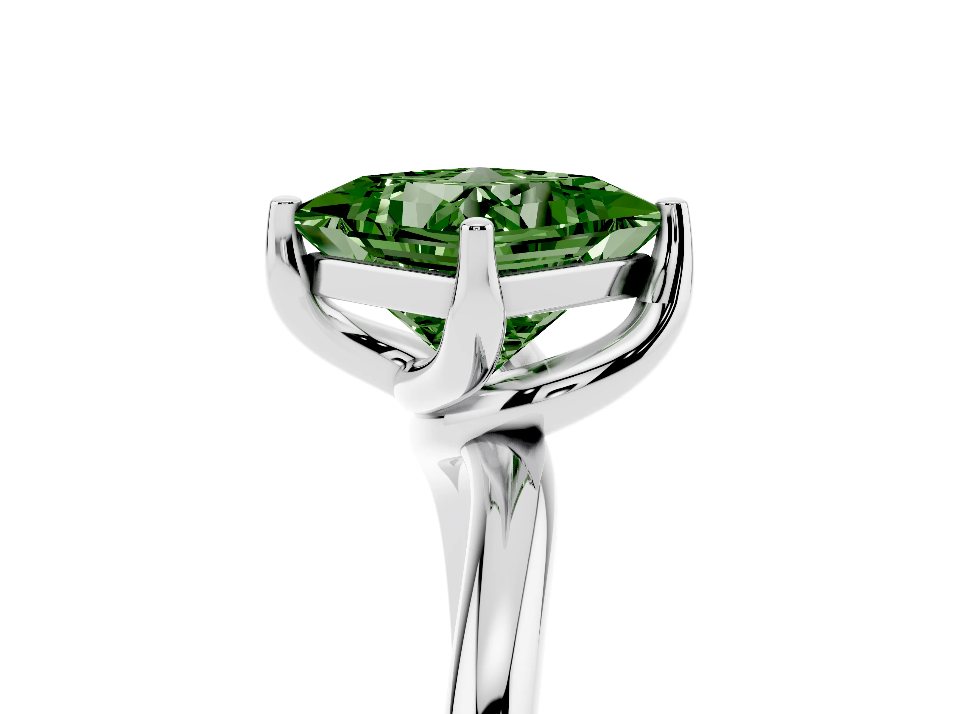 Fancy Green Princess Cut Diamond Solitaire Engagement Ring Set in Silver with Classic Plain Band